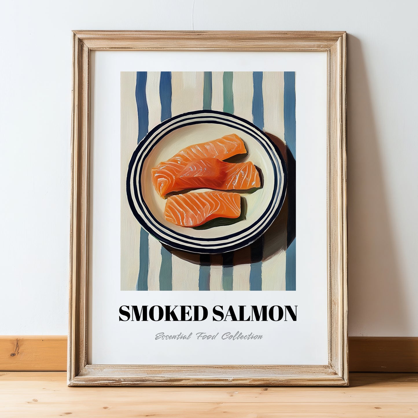 Smoked Salmon – on Striped Tablecloth, Norwegian Food Art, in wooden frame leaning on the floor