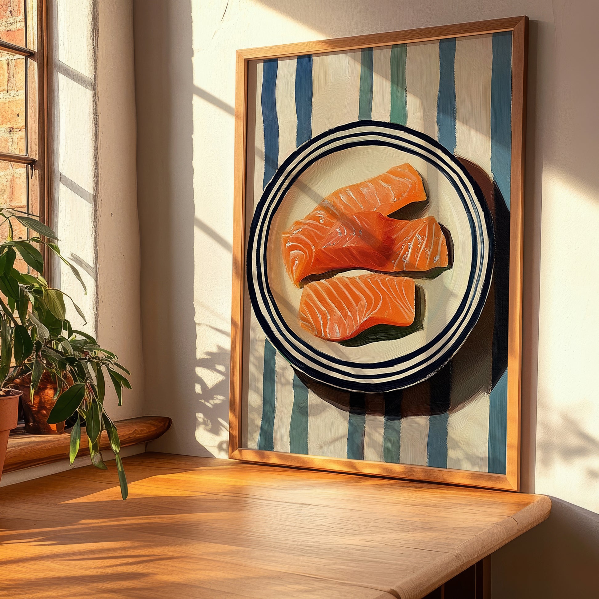 Smoked Salmon – on Striped Tablecloth, Norwegian Food Art, clean layout with no caption