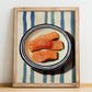 Smoked Salmon – on Striped Tablecloth, Norwegian Food Art, no-text version framed in wood