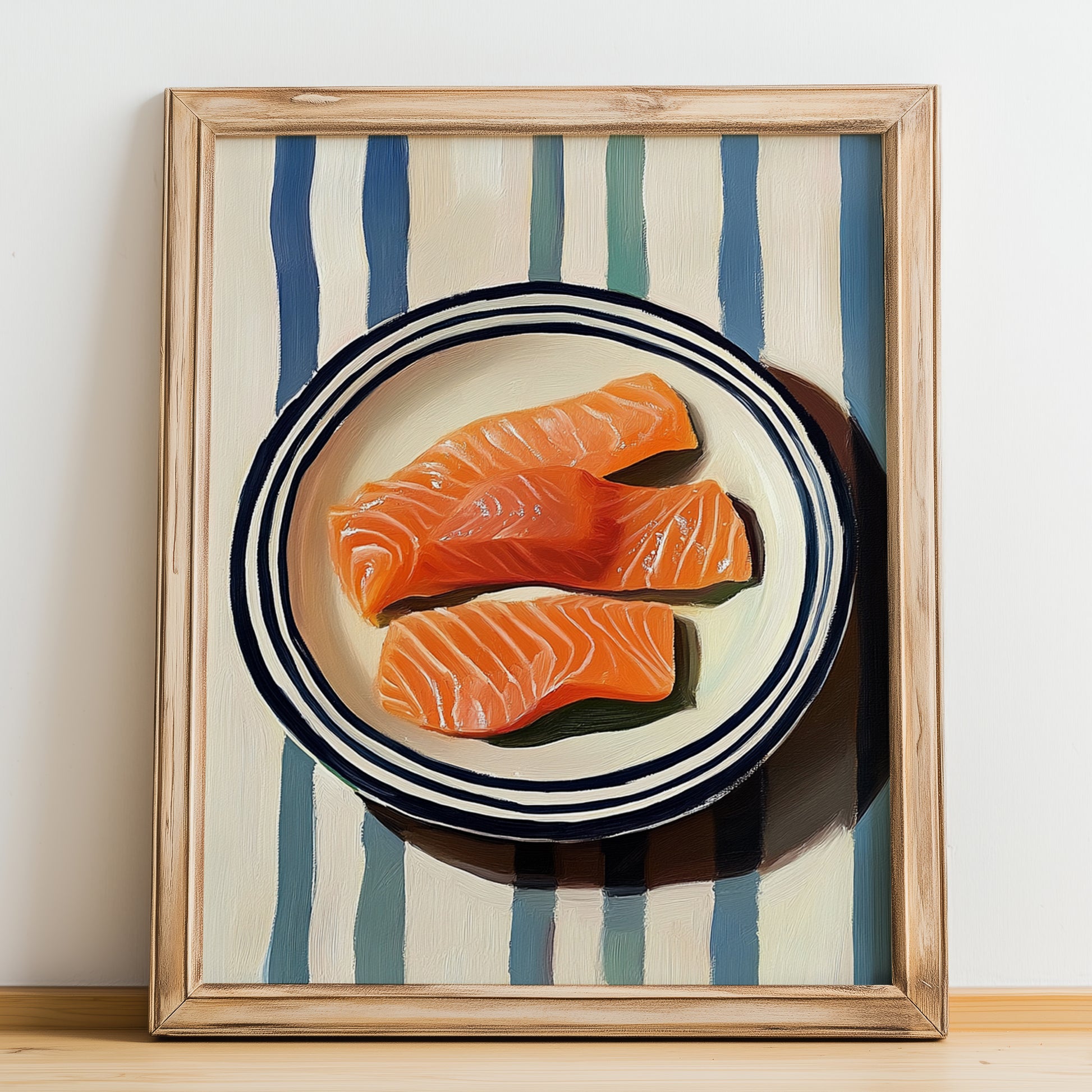 Smoked Salmon – on Striped Tablecloth, Norwegian Food Art, no-text version framed in wood