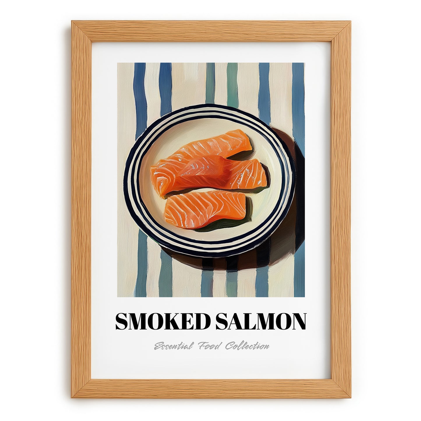 Smoked Salmon – on Striped Tablecloth, Norwegian Food Art, set in oak frame