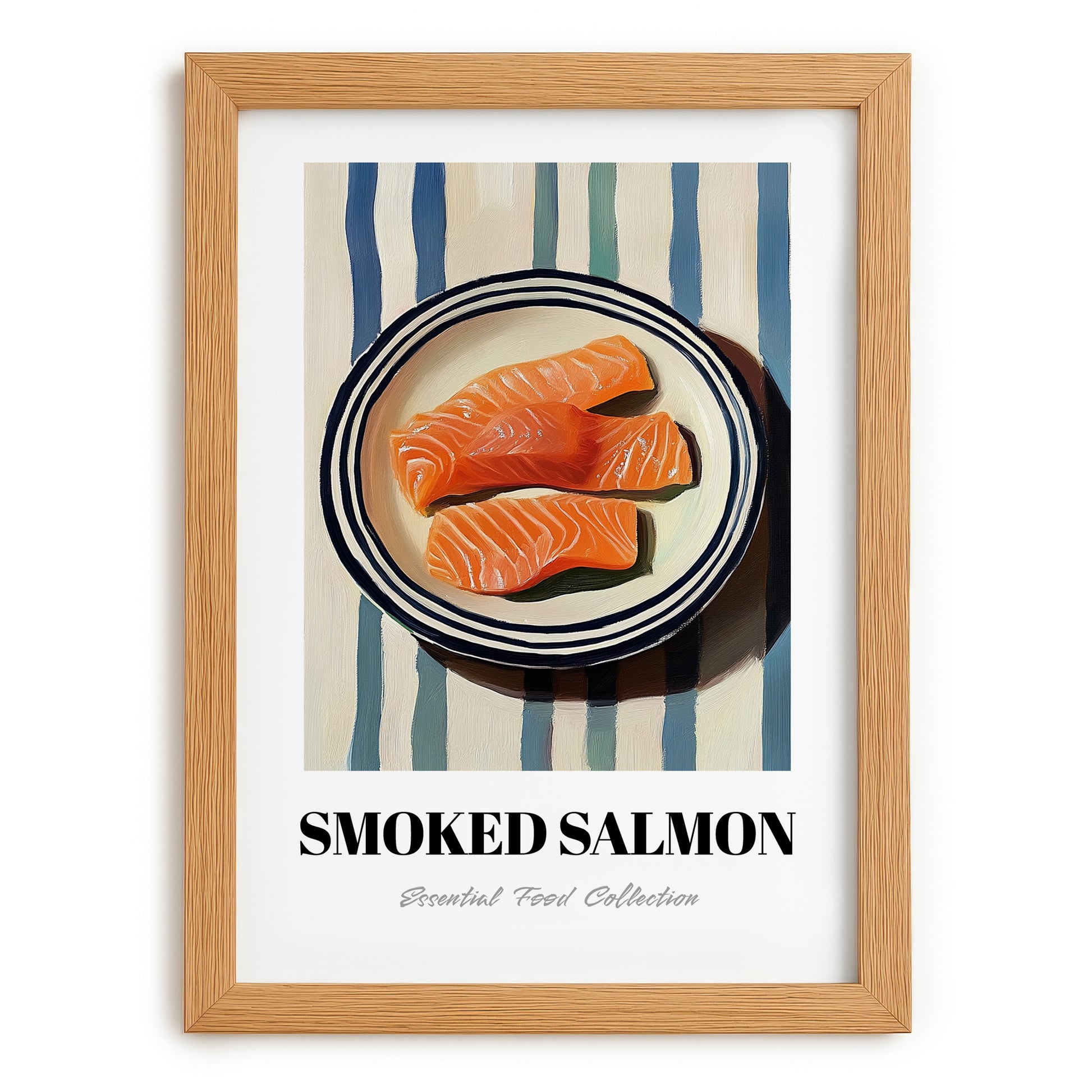 Smoked Salmon – on Striped Tablecloth, Norwegian Food Art, set in oak frame