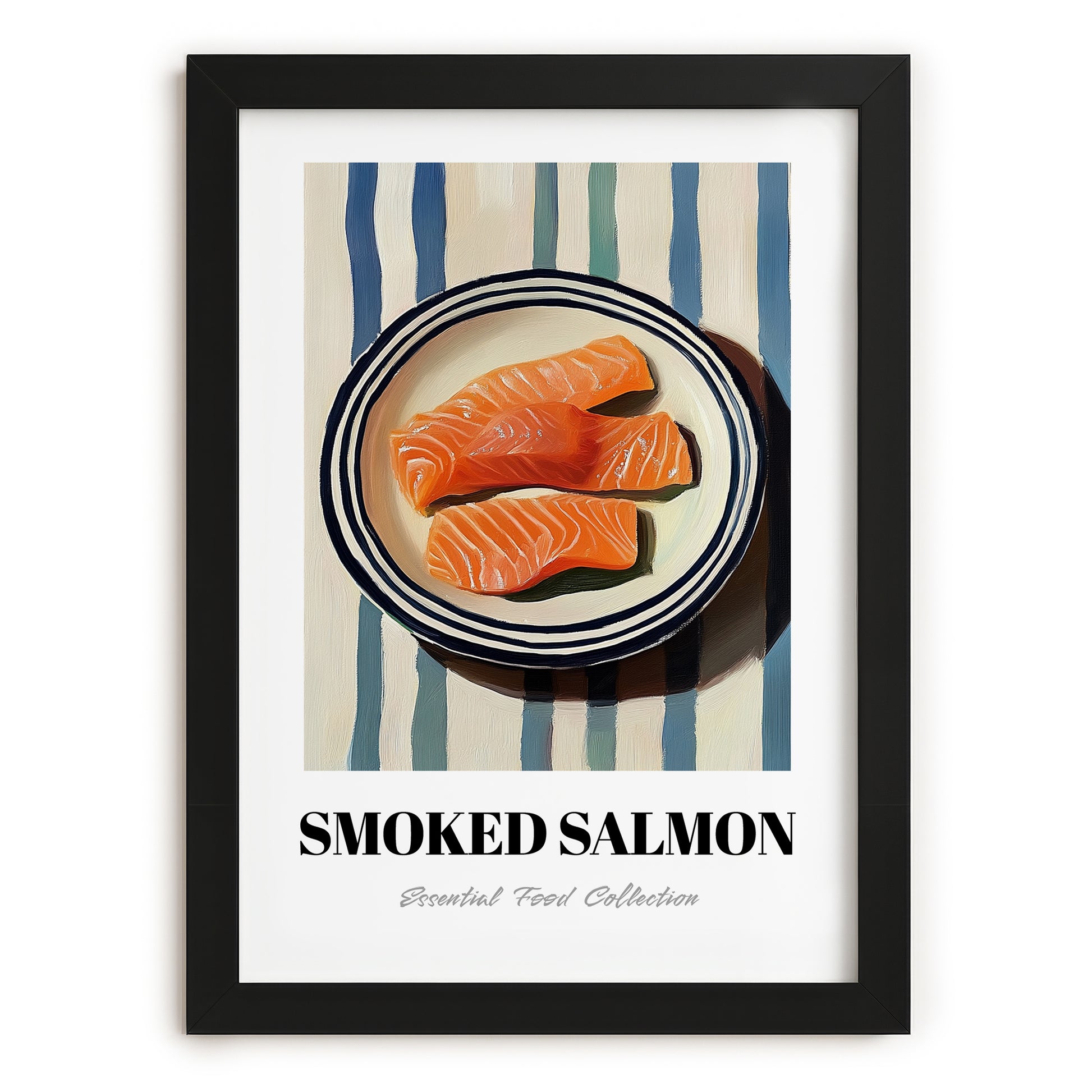 Smoked Salmon – on Striped Tablecloth, Norwegian Food Art, in sleek black frame