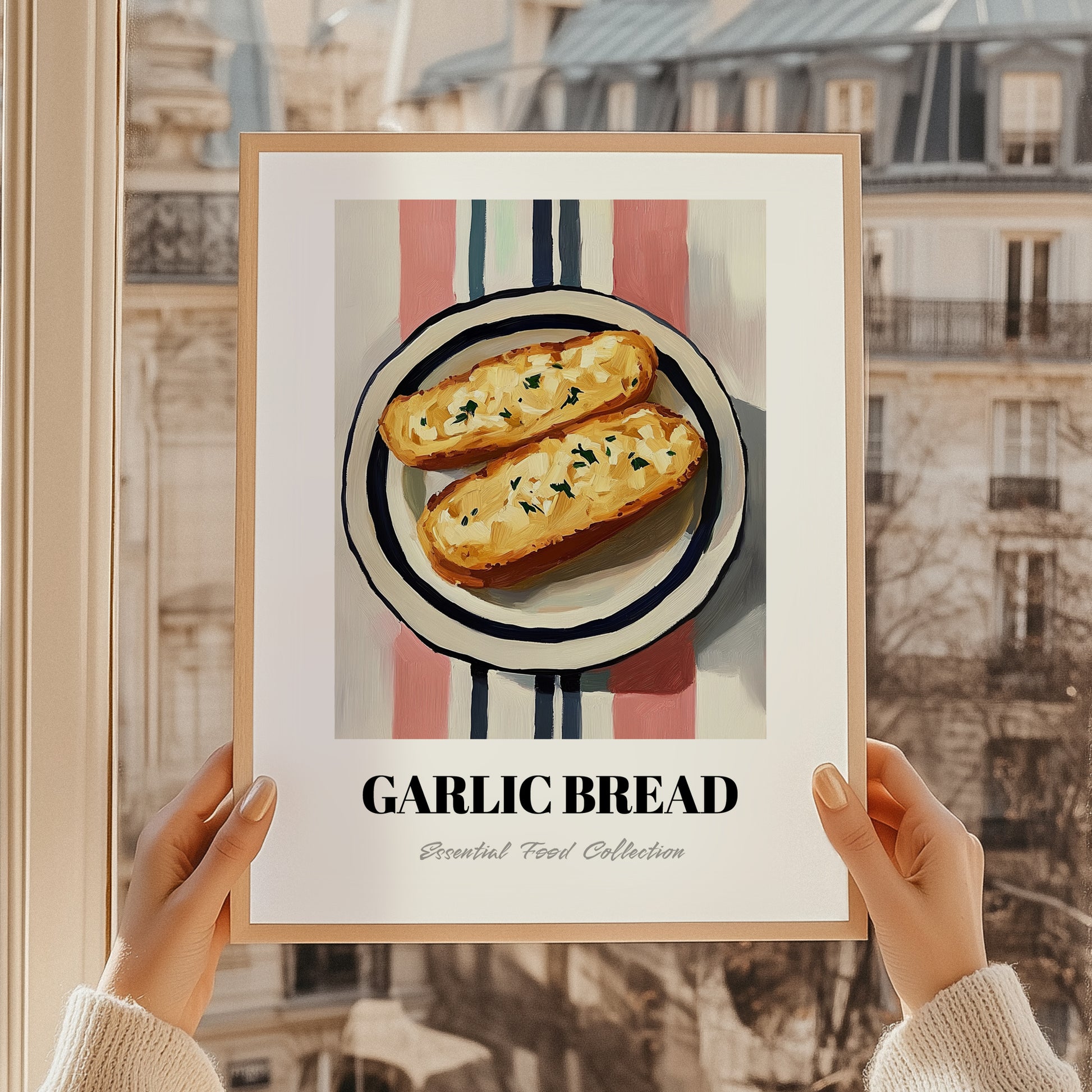 Garlic Bread – on Striped Tablecloth, Italian Food Wall Print, styled in a charming Paris street view