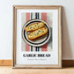 Garlic Bread – on Striped Tablecloth, Italian Food Wall Print, in wooden frame leaning on the floor