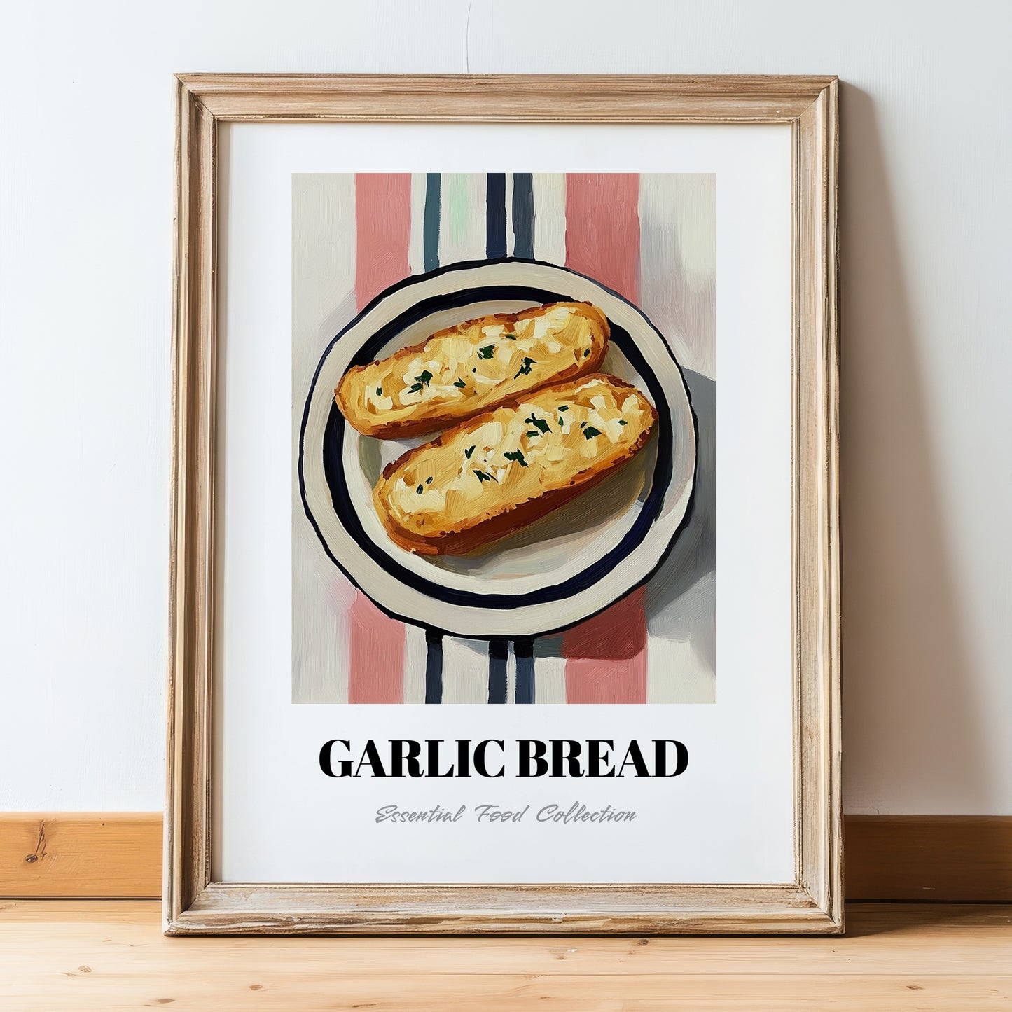 Garlic Bread – on Striped Tablecloth, Italian Food Wall Print, in wooden frame leaning on the floor