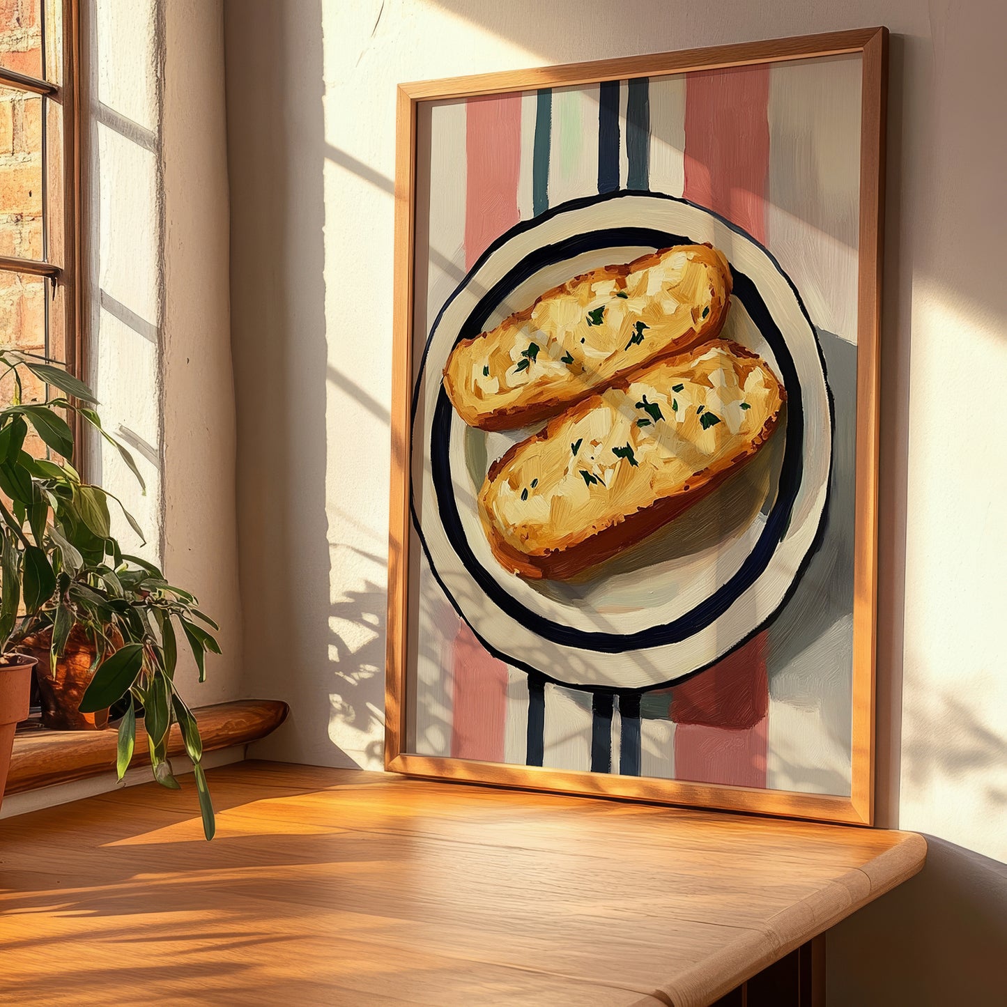 Garlic Bread – on Striped Tablecloth, Italian Food Wall Print, clean layout with no caption