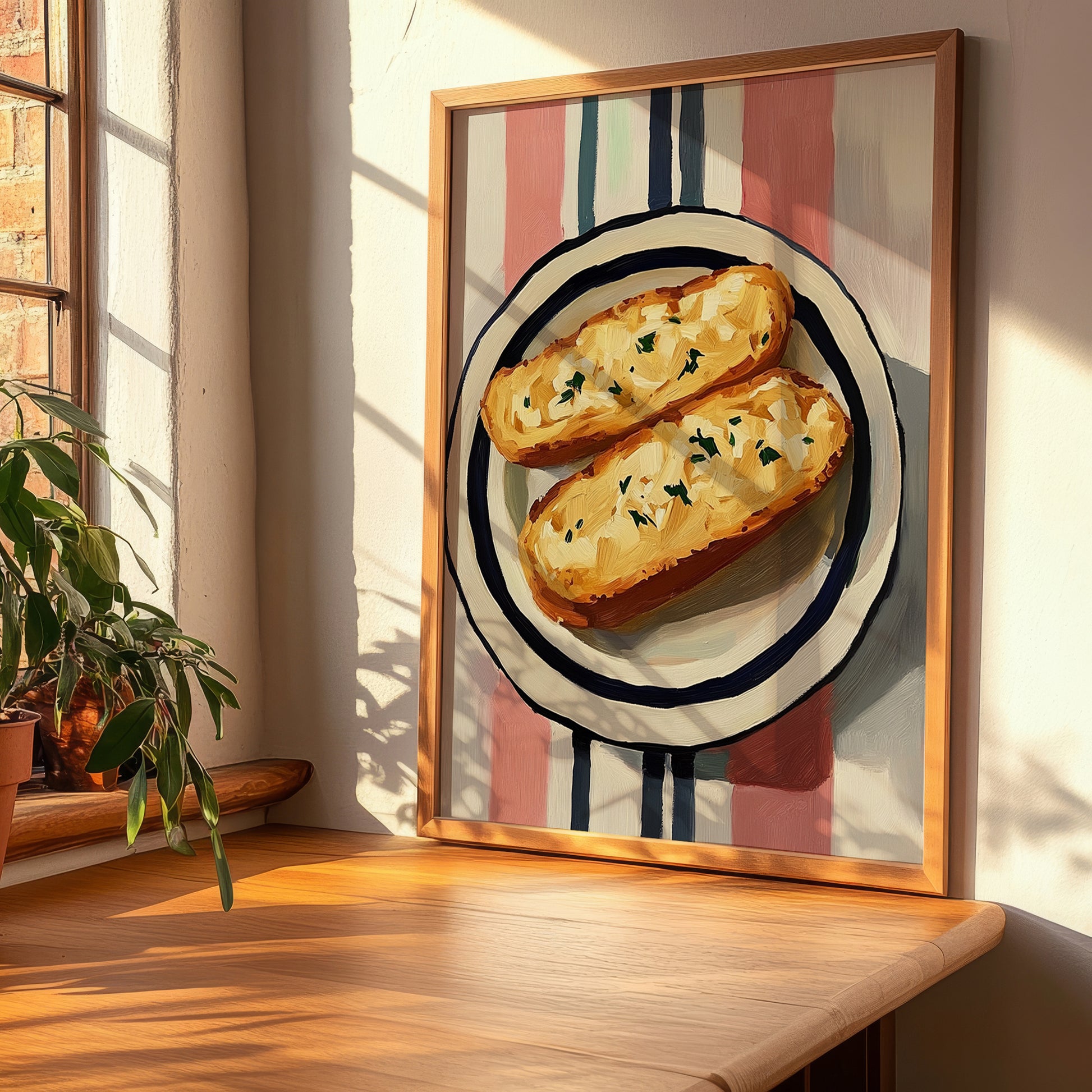 Garlic Bread – on Striped Tablecloth, Italian Food Wall Print, clean layout with no caption