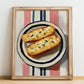 Garlic Bread – on Striped Tablecloth, Italian Food Wall Print, no-text version framed in wood