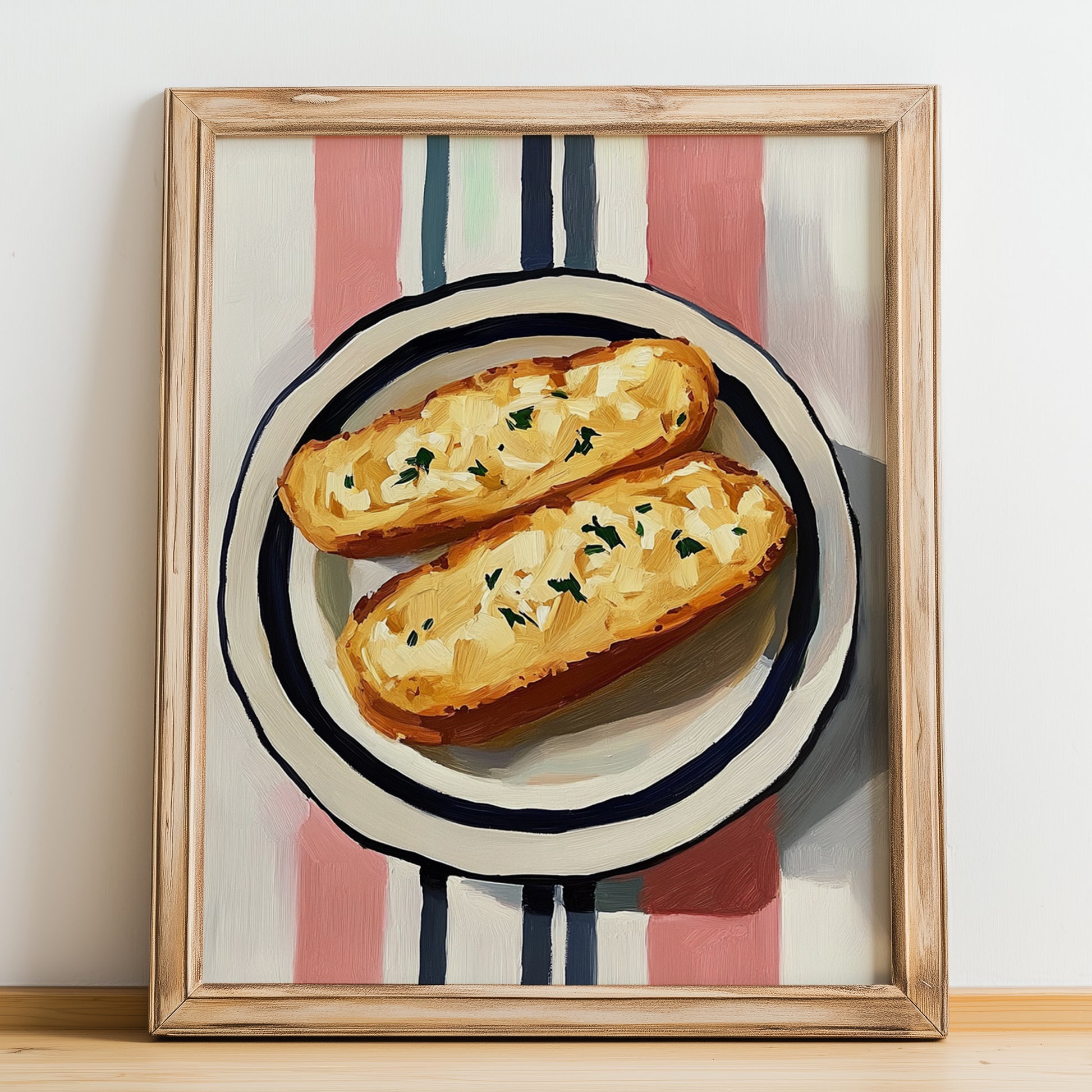 Garlic Bread – on Striped Tablecloth, Italian Food Wall Print, no-text version framed in wood