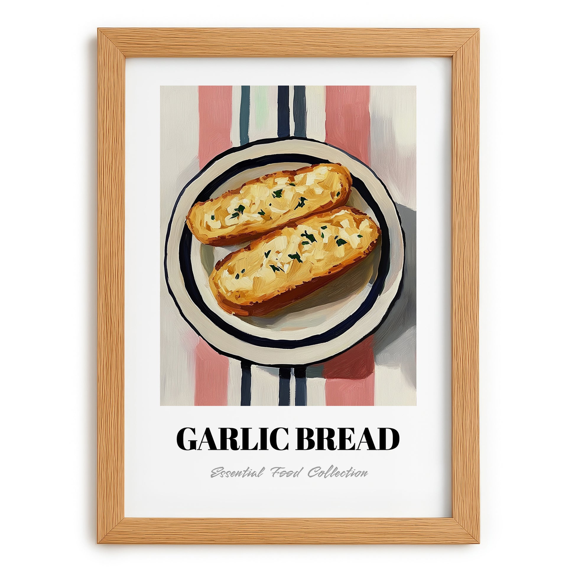 Garlic Bread – on Striped Tablecloth, Italian Food Wall Print, set in oak frame