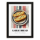 Garlic Bread – on Striped Tablecloth, Italian Food Wall Print, in sleek black frame