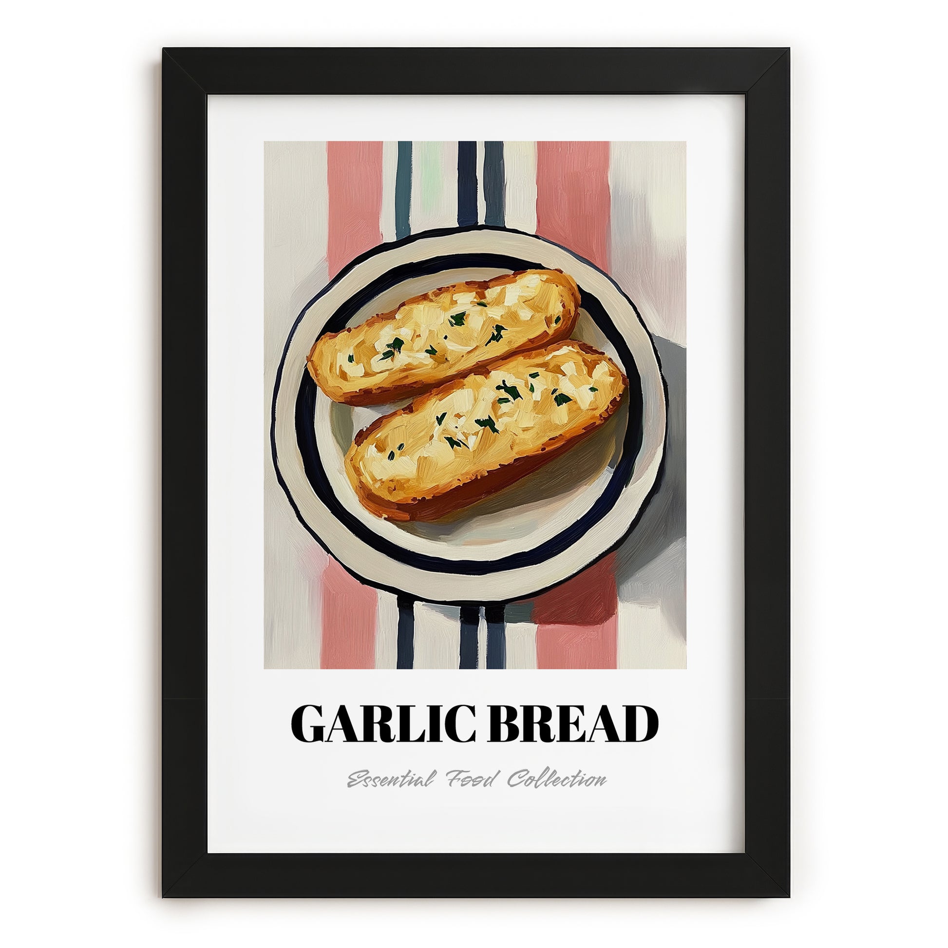 Garlic Bread – on Striped Tablecloth, Italian Food Wall Print, in sleek black frame