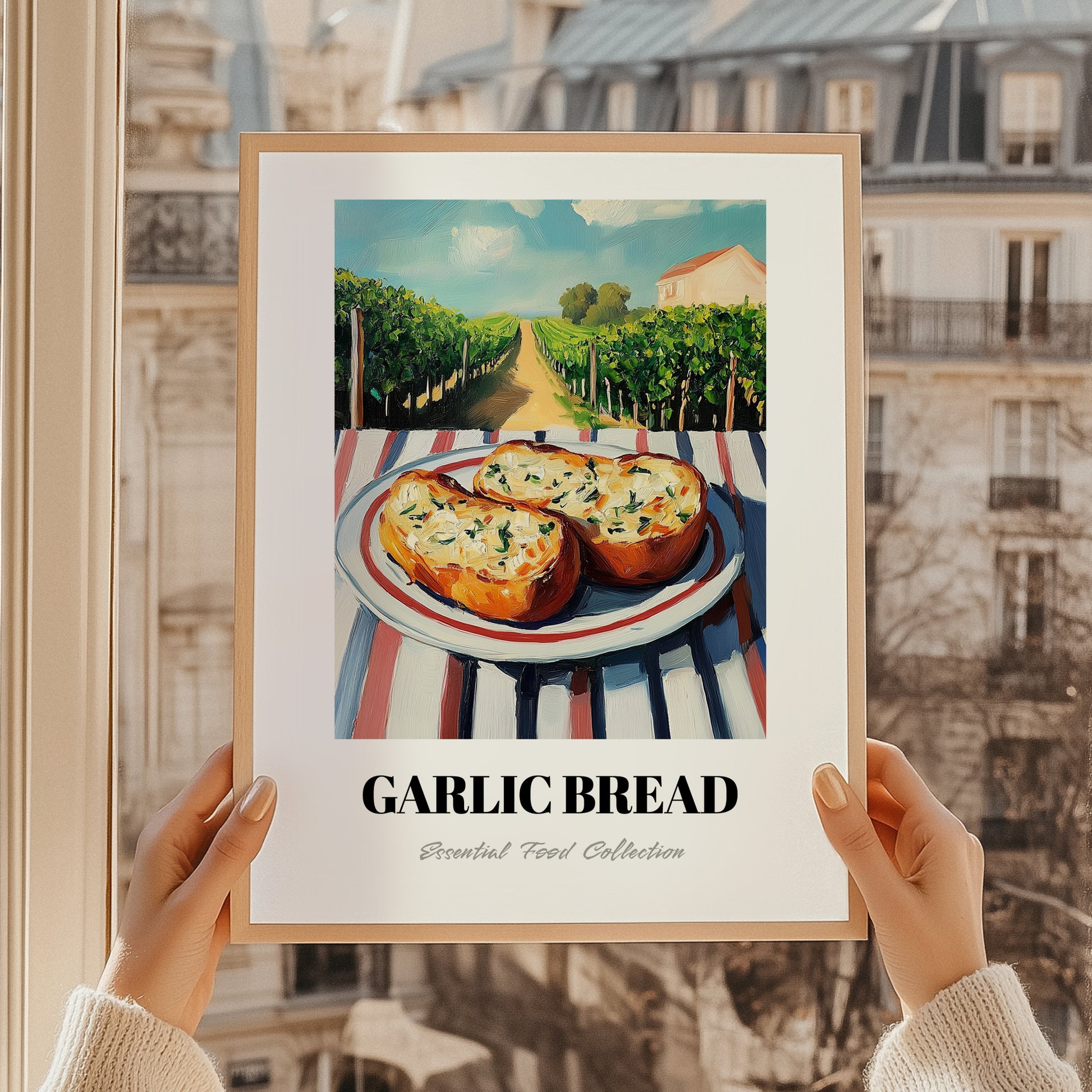 Garlic Bread – Hillside Café View, Italian Food Wall Decor, styled in a charming Paris street view