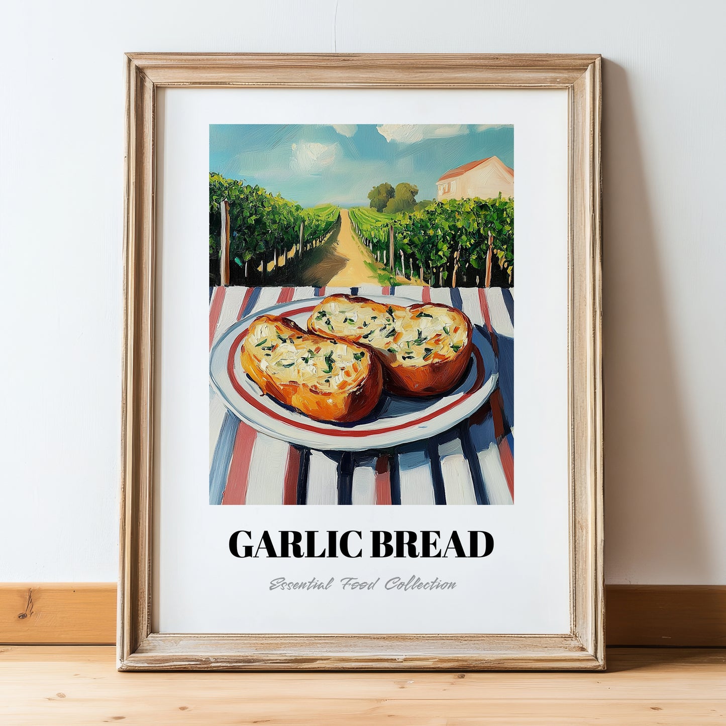 Garlic Bread – Hillside Café View, Italian Food Wall Decor, in wooden frame leaning on the floor