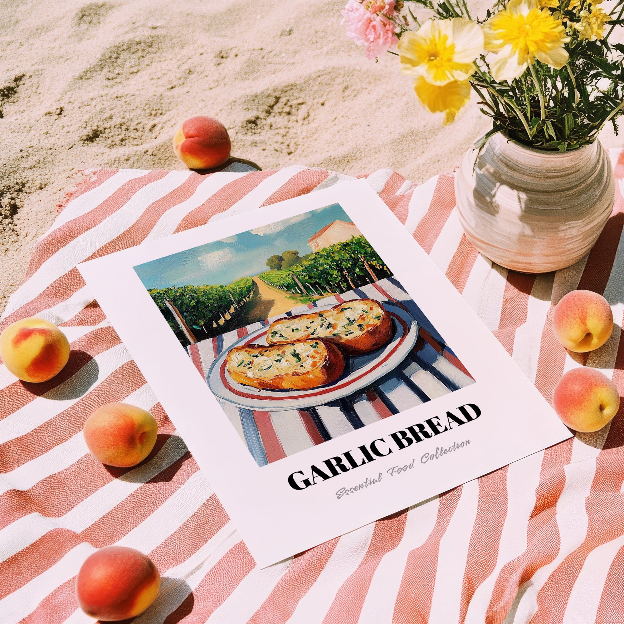 Garlic Bread – Hillside Café View, Italian Food Wall Decor, unframed on coastal sand