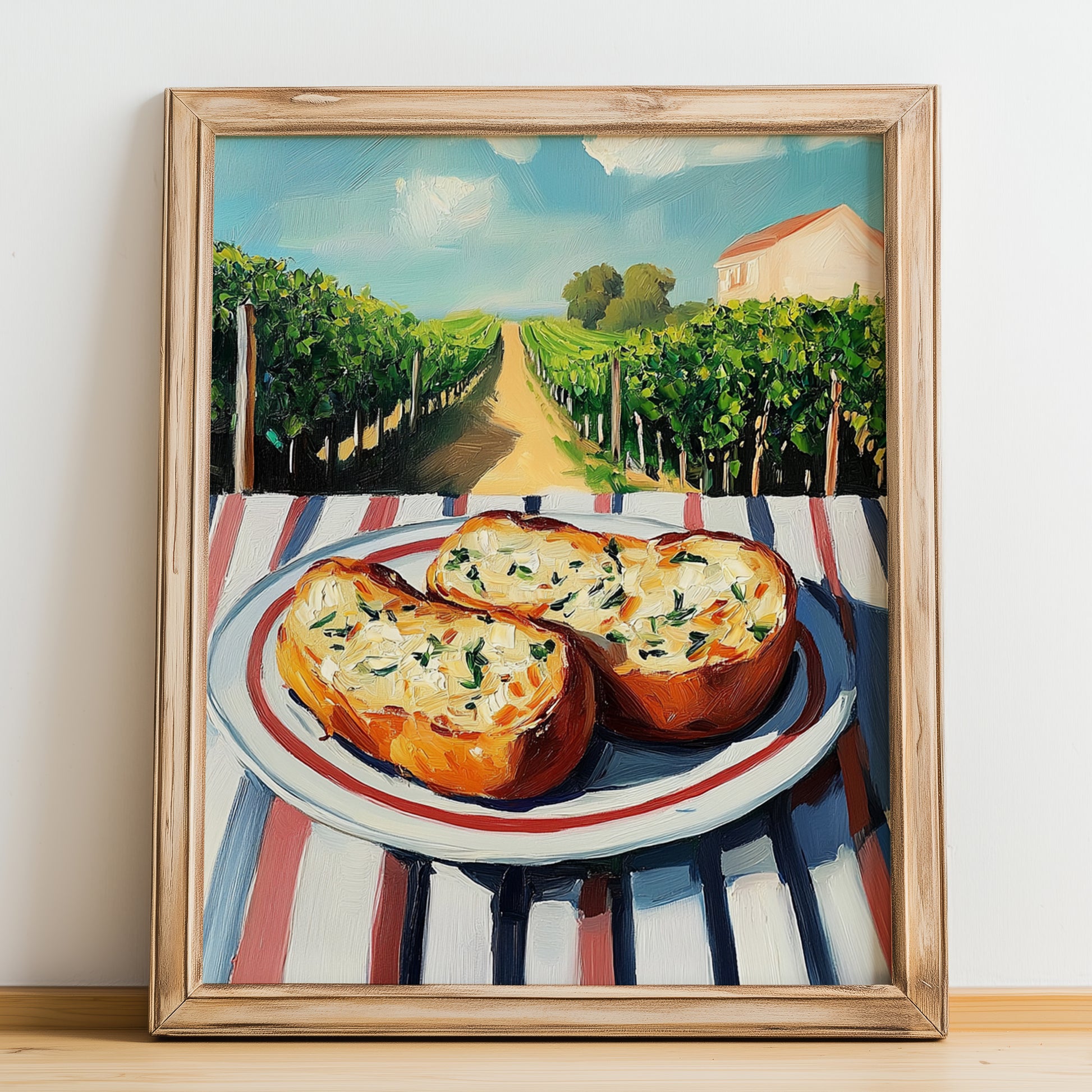 Garlic Bread – Hillside Café View, Italian Food Wall Decor, no-text version framed in wood