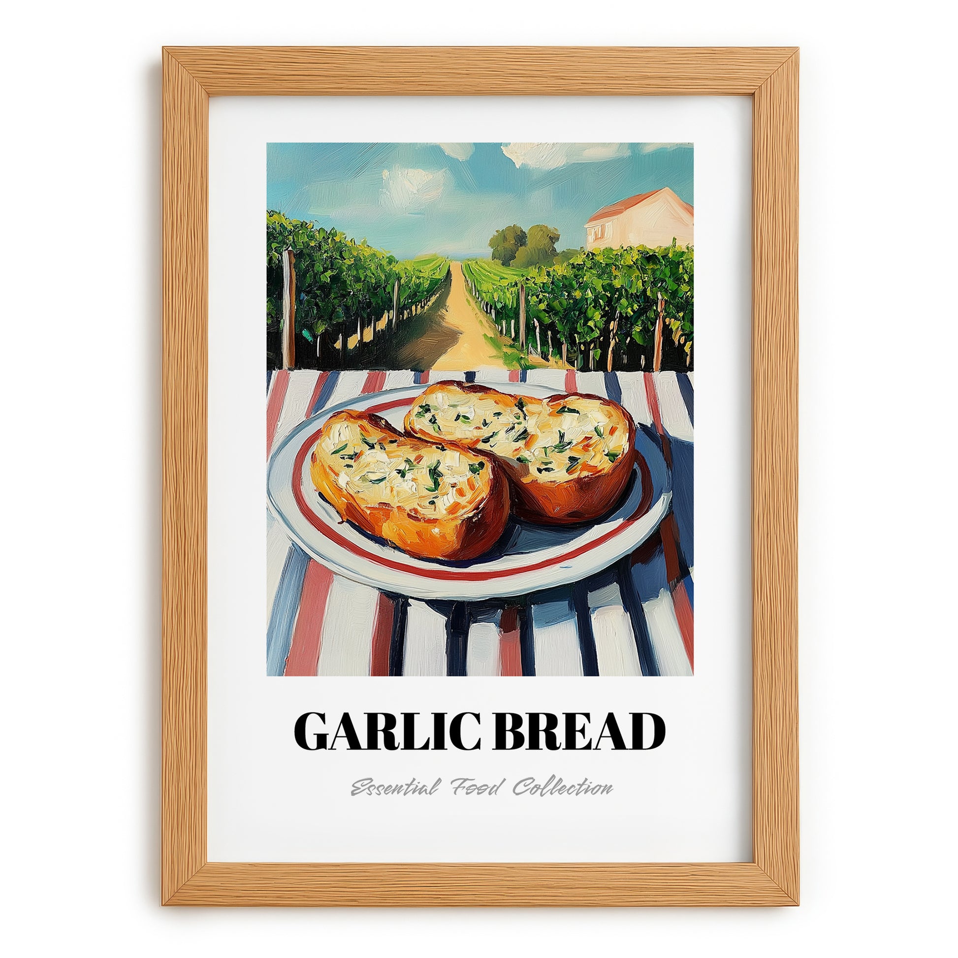 Garlic Bread – Hillside Café View, Italian Food Wall Decor, set in oak frame