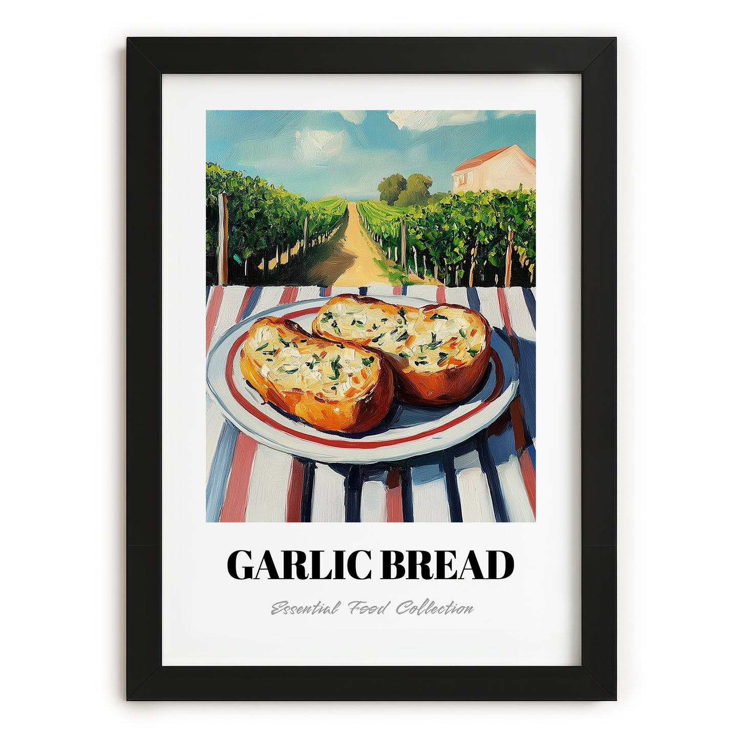 Garlic Bread – Hillside Café View, Italian Food Wall Decor, in sleek black frame