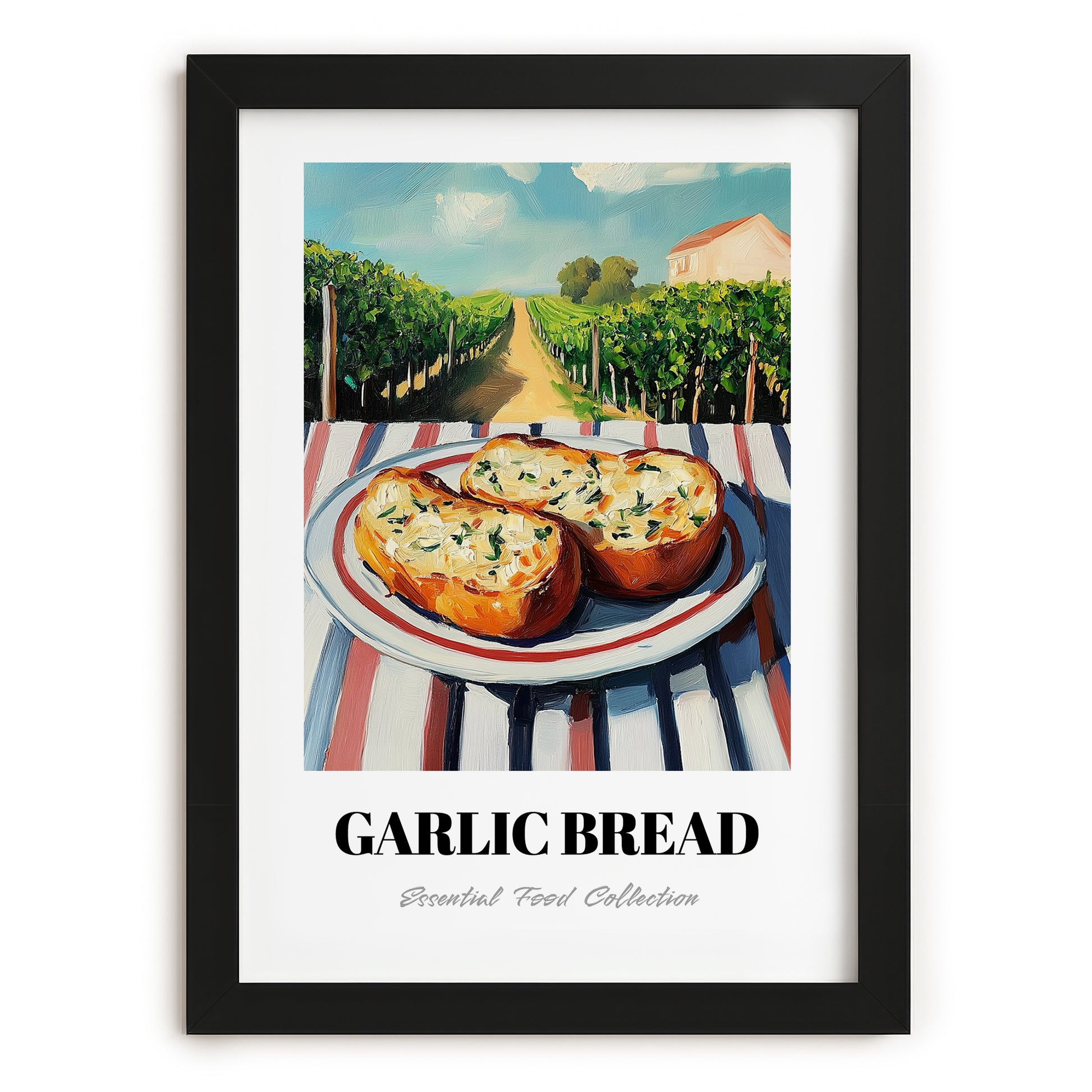 Garlic Bread – Hillside Café View, Italian Food Wall Decor, in sleek black frame