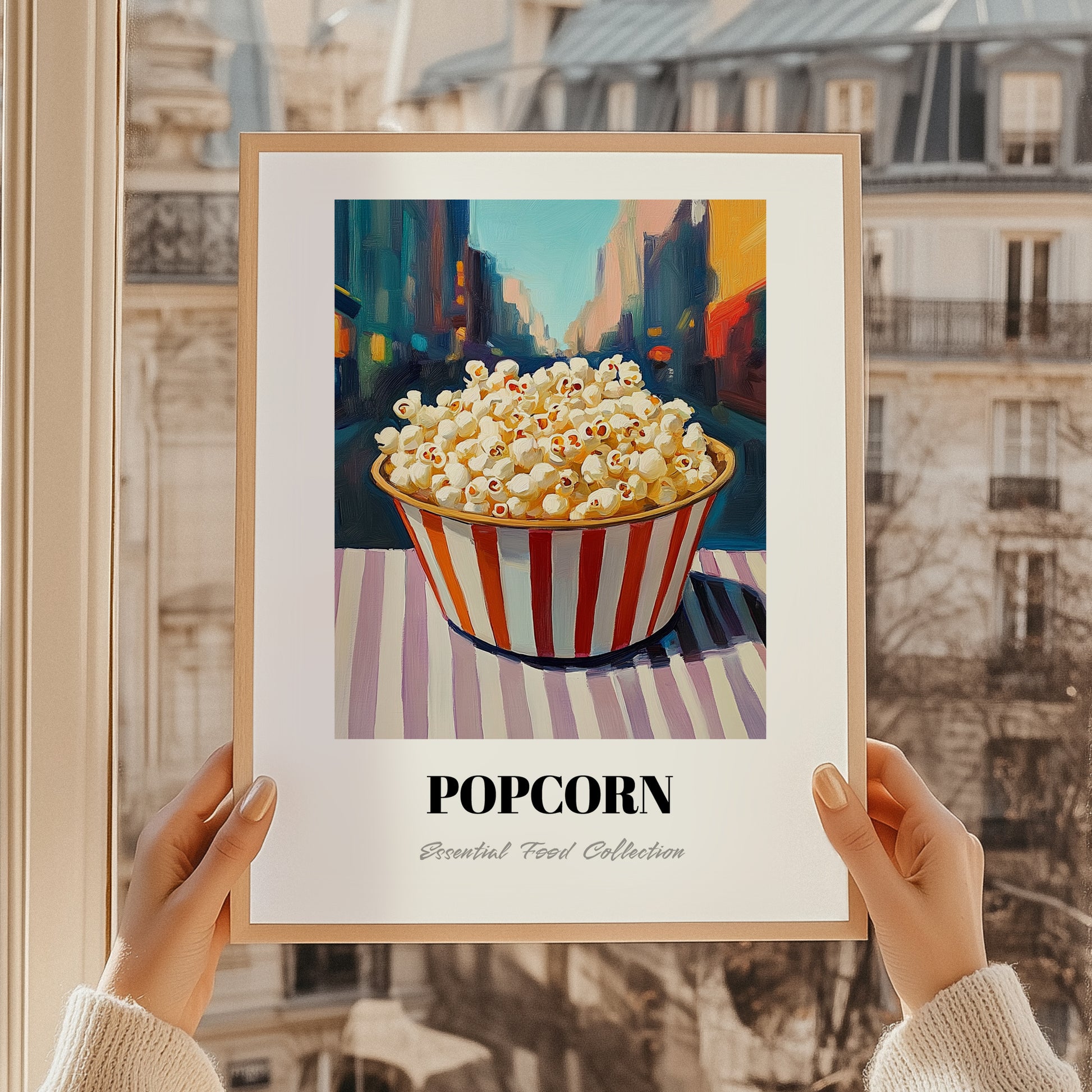 Popcorn – New York Street Café Scene, American Food Painting, styled in a charming Paris street view