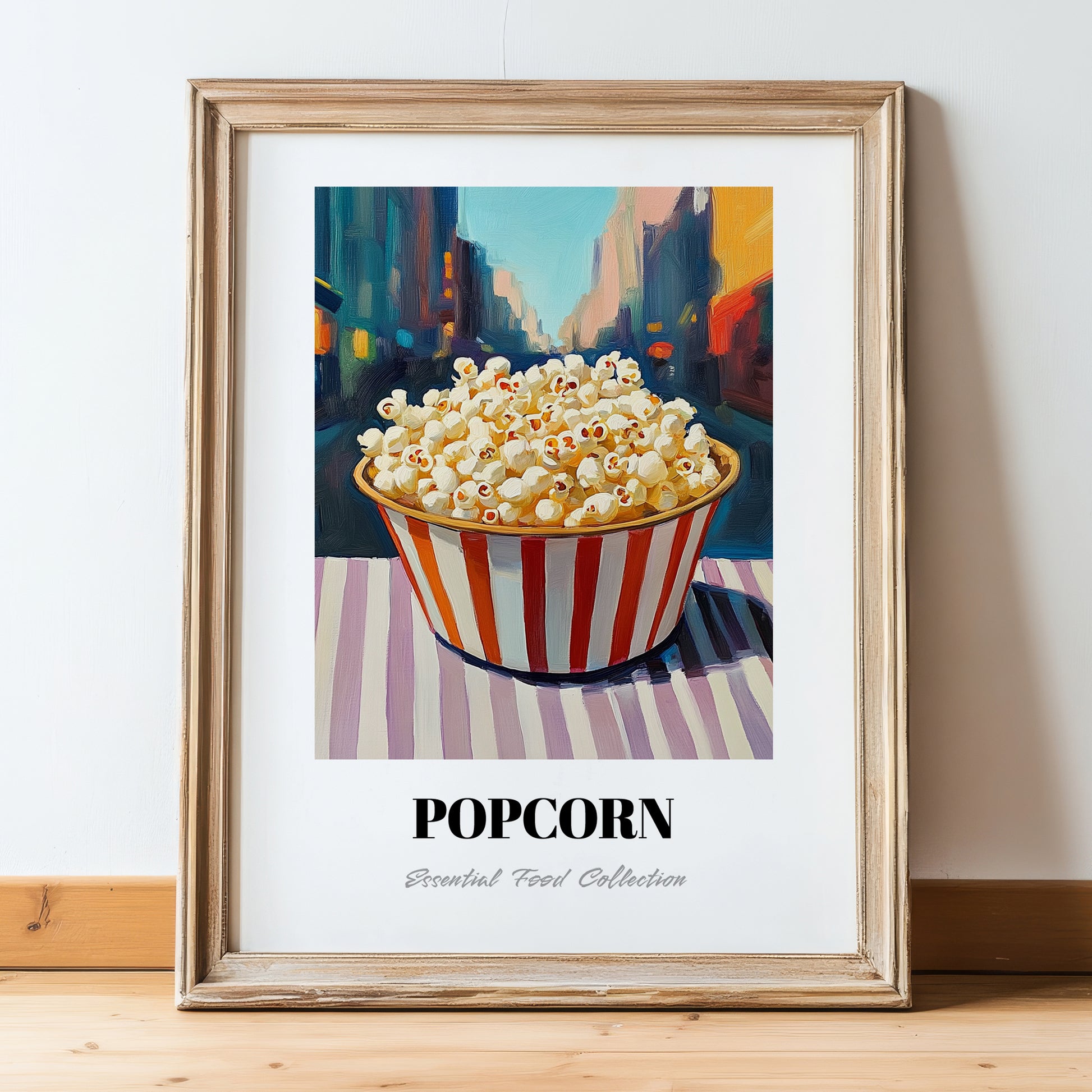 Popcorn – New York Street Café Scene, American Food Painting, in wooden frame leaning on the floor