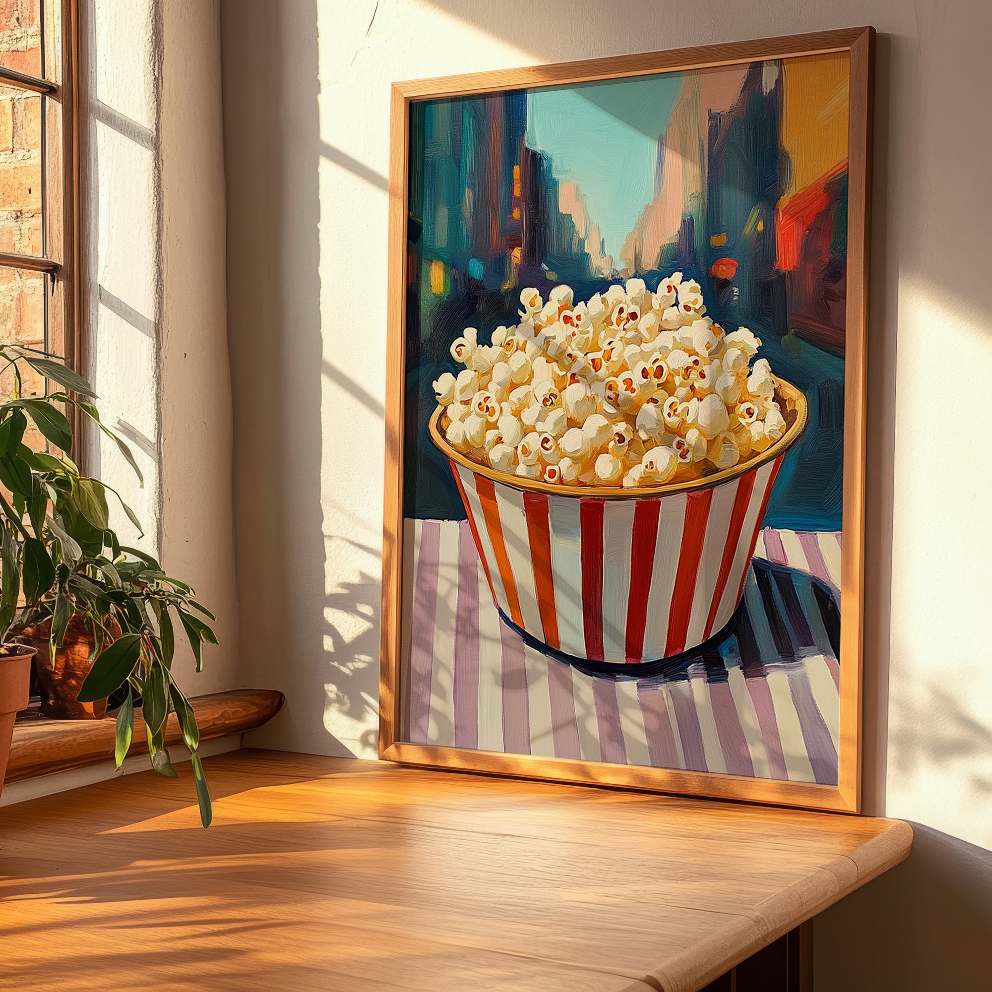 Popcorn – New York Street Café Scene, American Food Painting, clean layout with no caption