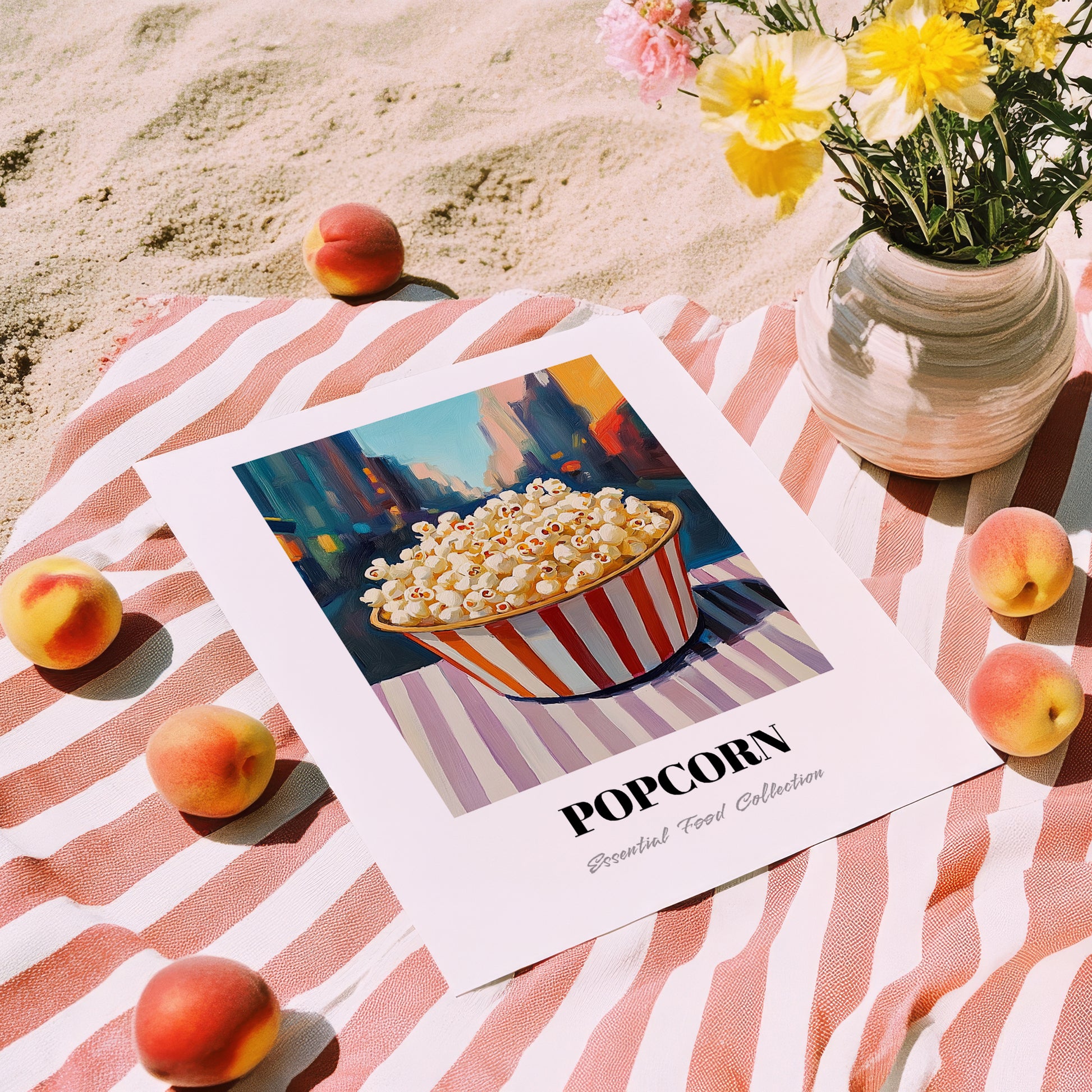 Popcorn – New York Street Café Scene, American Food Painting, unframed on coastal sand
