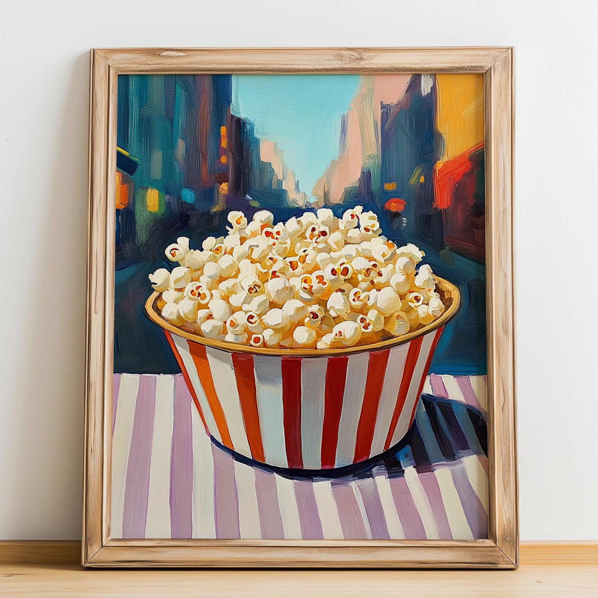 Popcorn – New York Street Café Scene, American Food Painting, no-text version framed in wood
