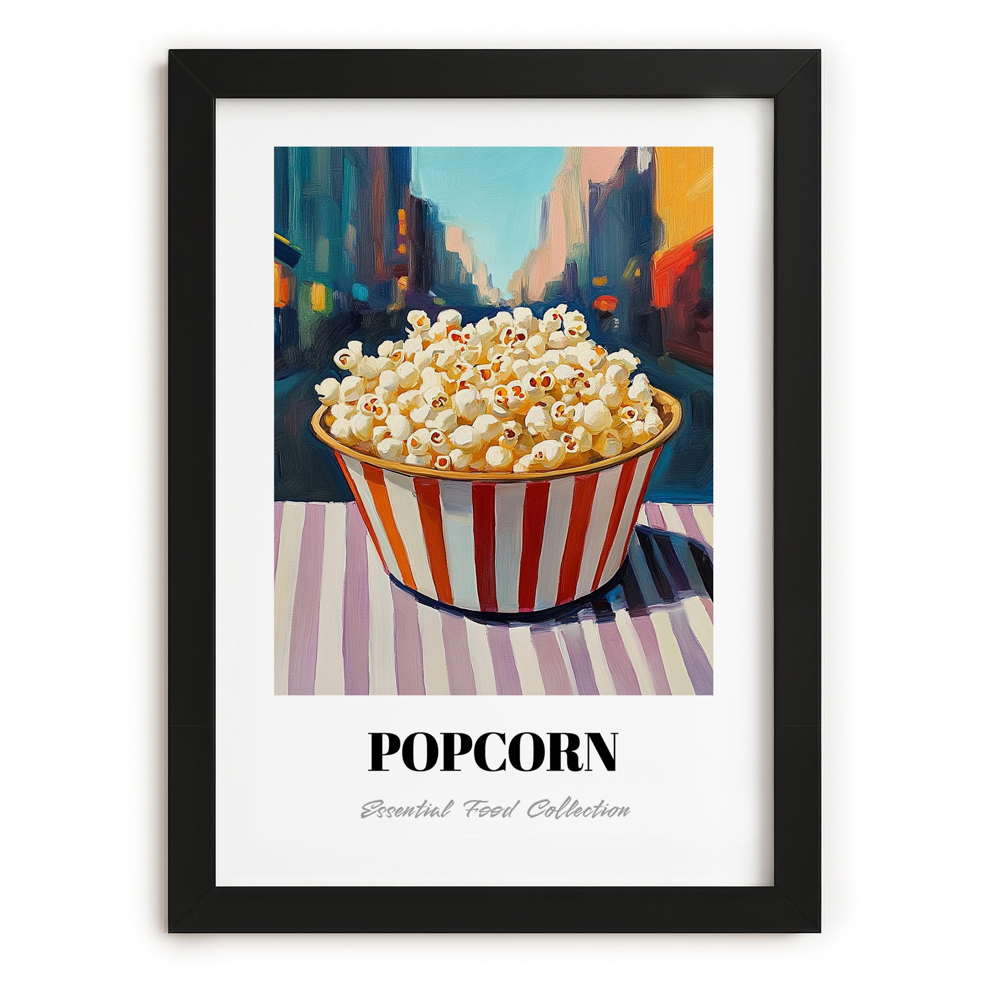 Popcorn – New York Street Café Scene, American Food Painting, in sleek black frame