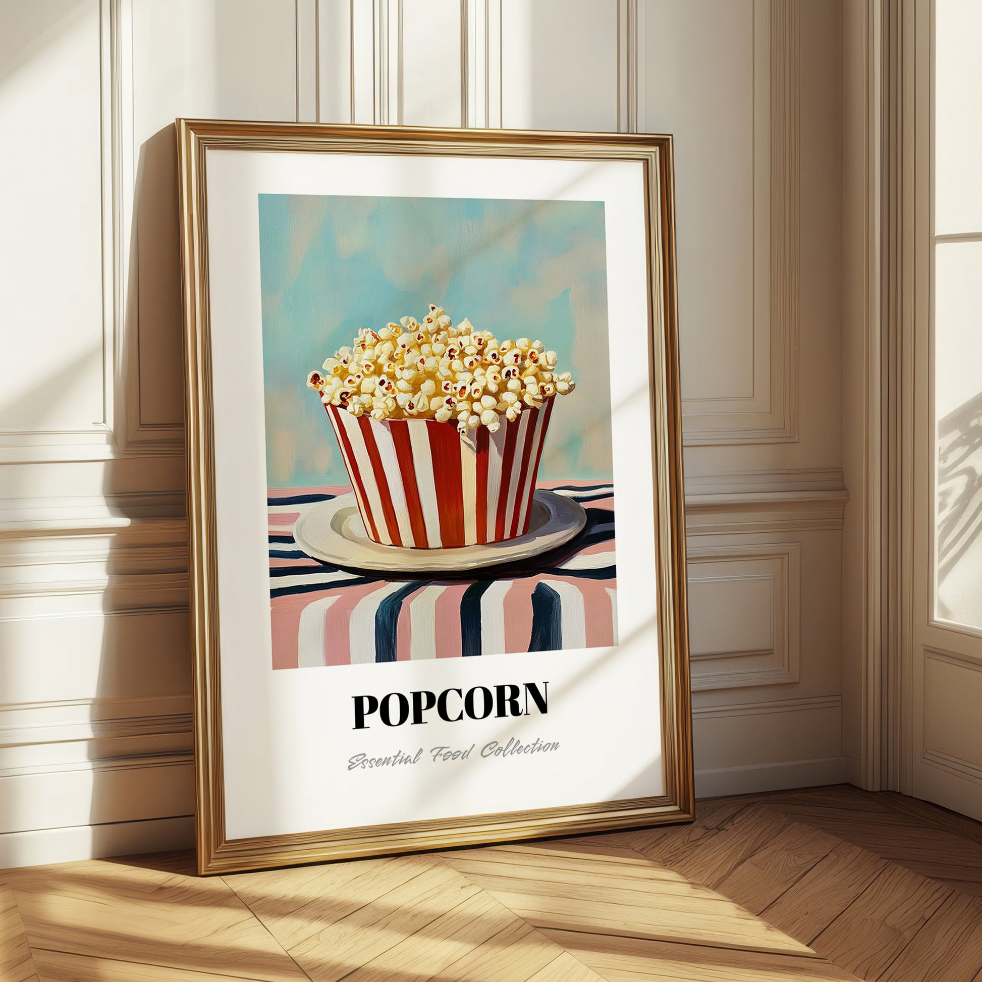 Popcorn – on Striped Tablecloth, American Food Painting