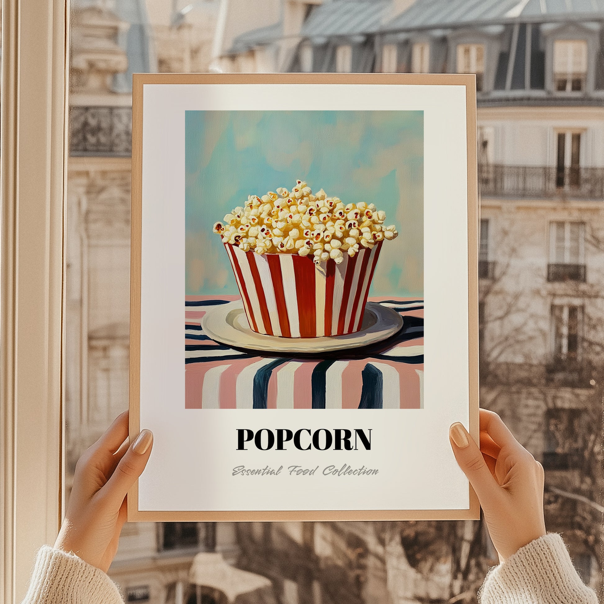 Popcorn – on Striped Tablecloth, American Food Painting, styled in a charming Paris street view