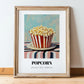 Popcorn – on Striped Tablecloth, American Food Painting, in wooden frame leaning on the floor
