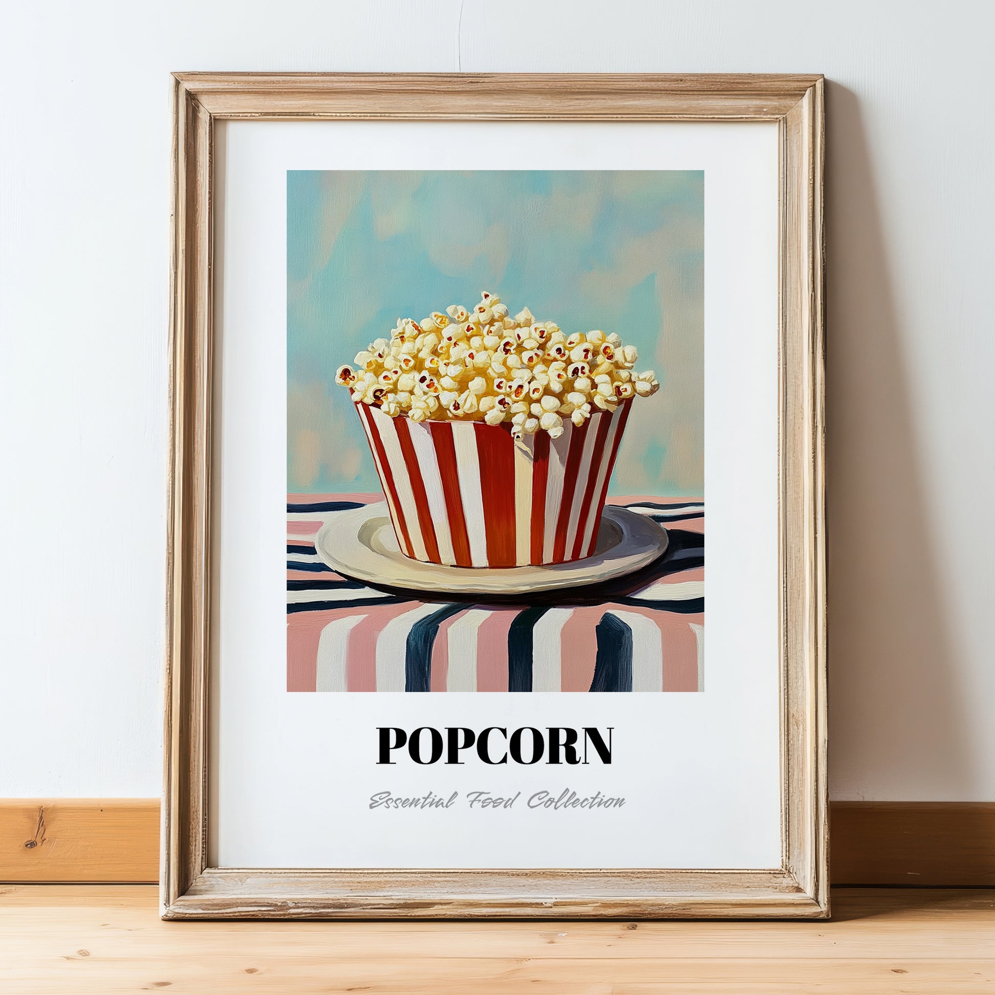 Popcorn – on Striped Tablecloth, American Food Painting, in wooden frame leaning on the floor