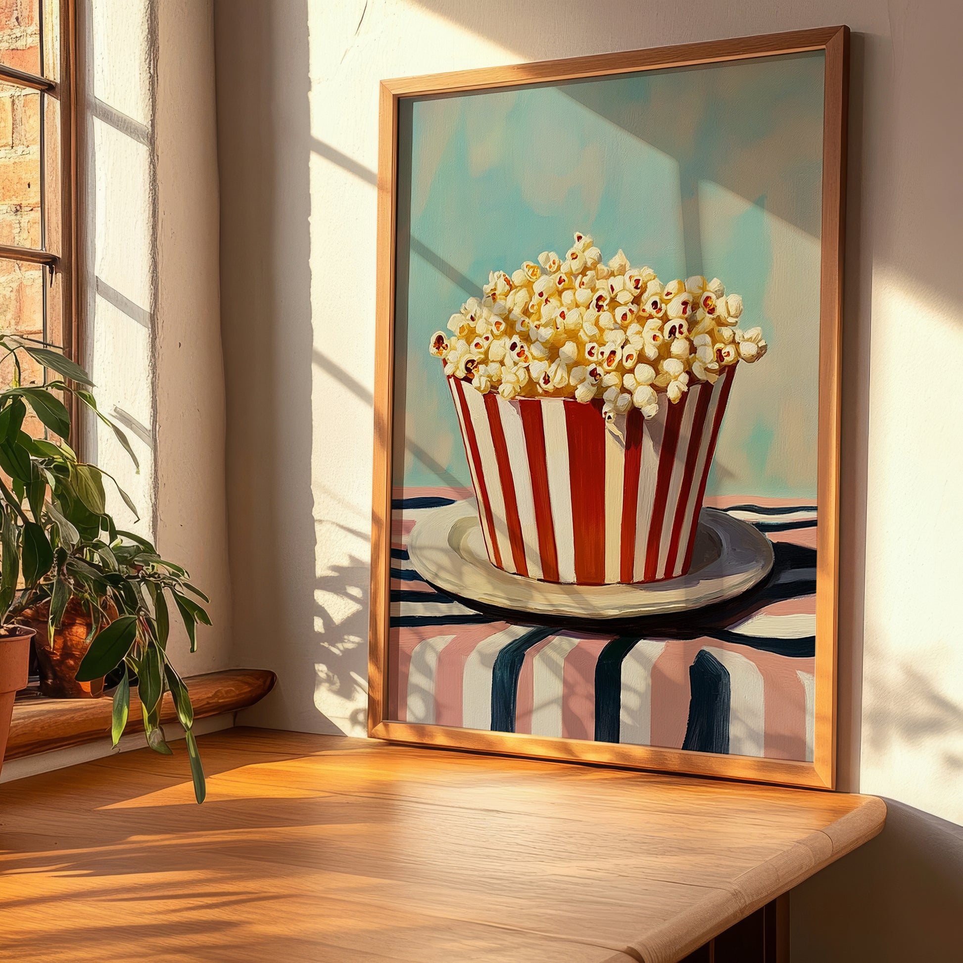 Popcorn – on Striped Tablecloth, American Food Painting, clean layout with no caption