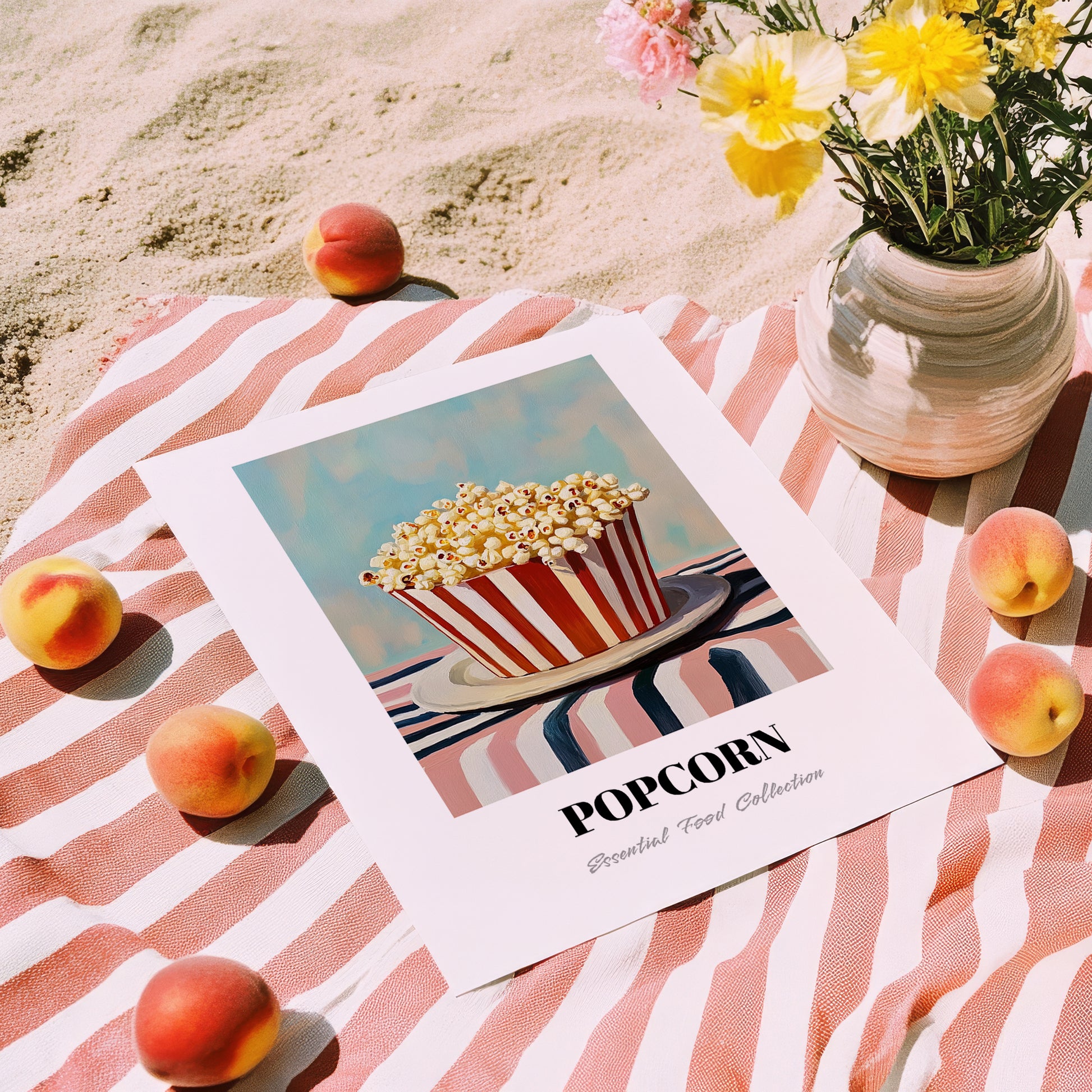 Popcorn – on Striped Tablecloth, American Food Painting, unframed on coastal sand