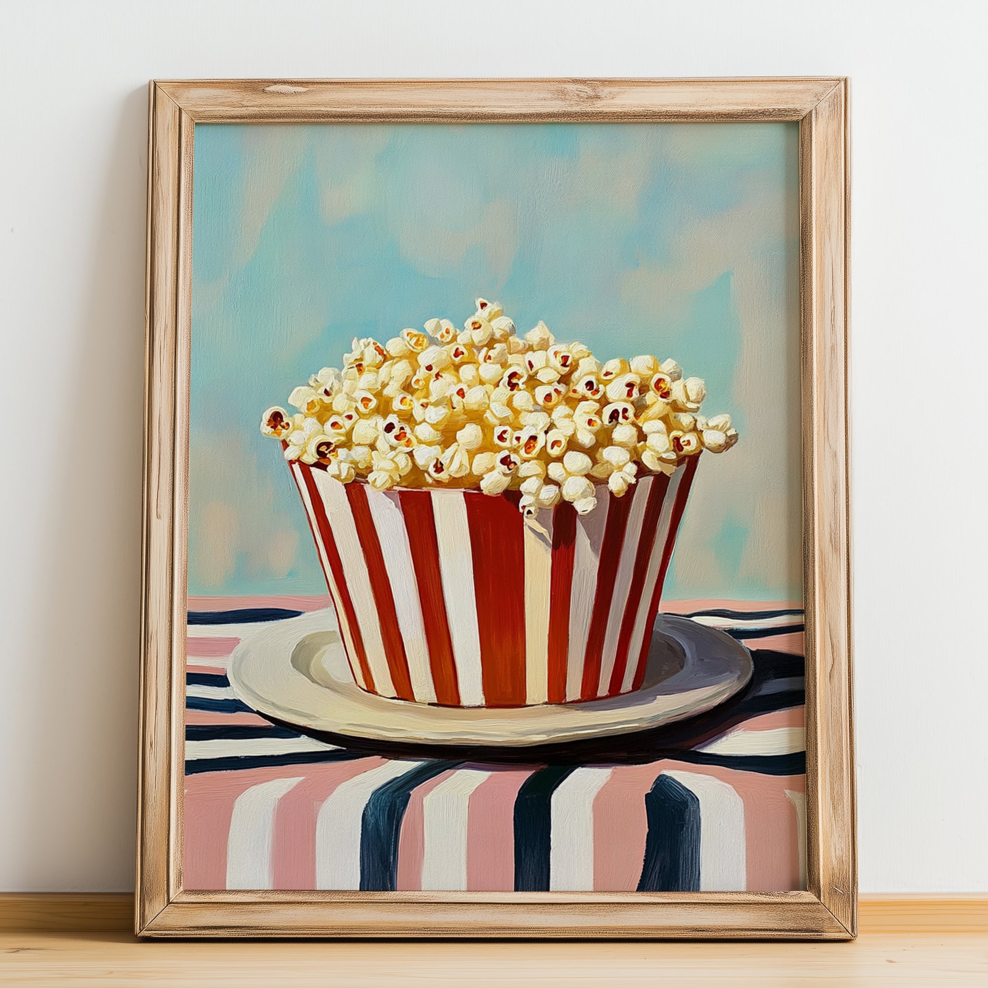 Popcorn – on Striped Tablecloth, American Food Painting, no-text version framed in wood