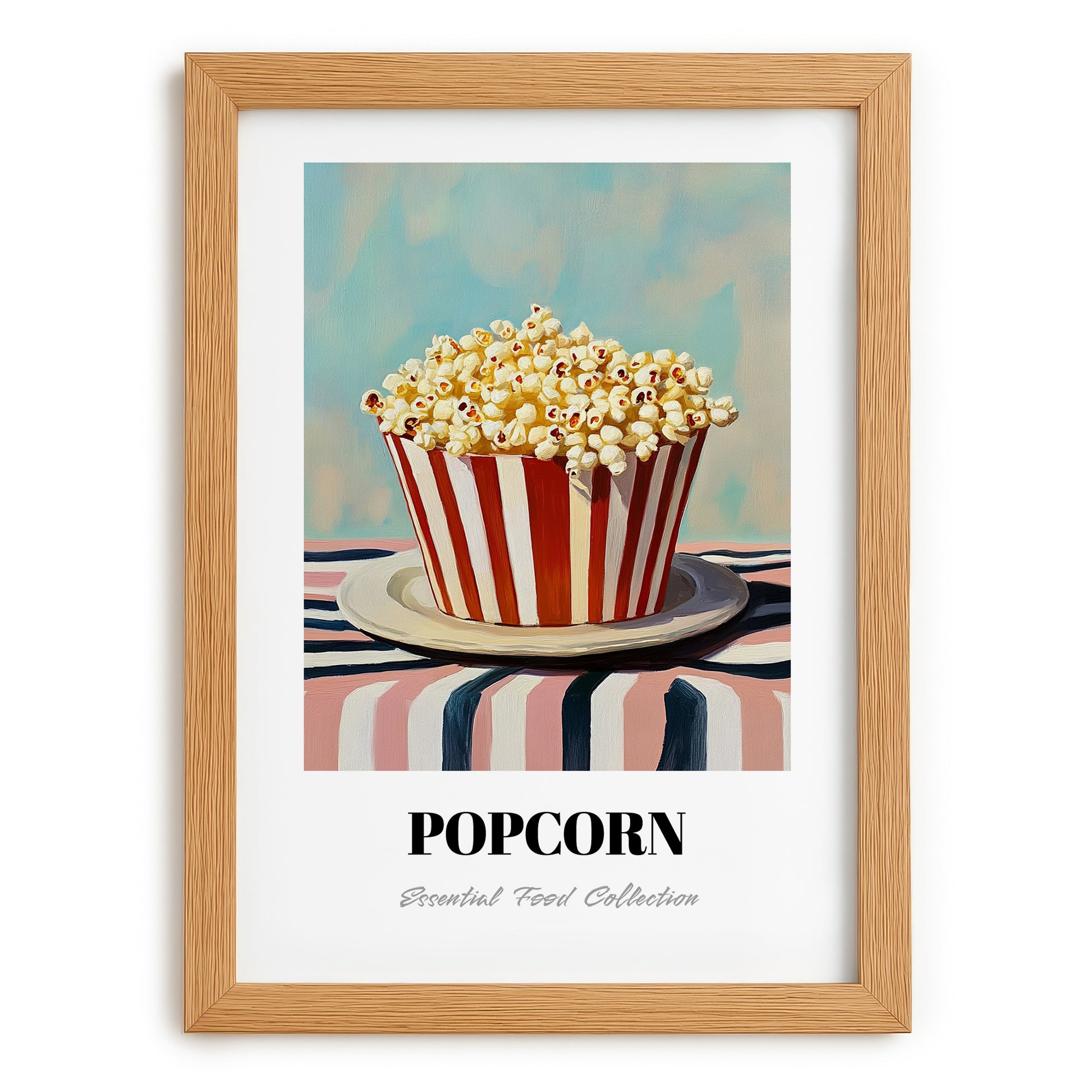 Popcorn – on Striped Tablecloth, American Food Painting, set in oak frame