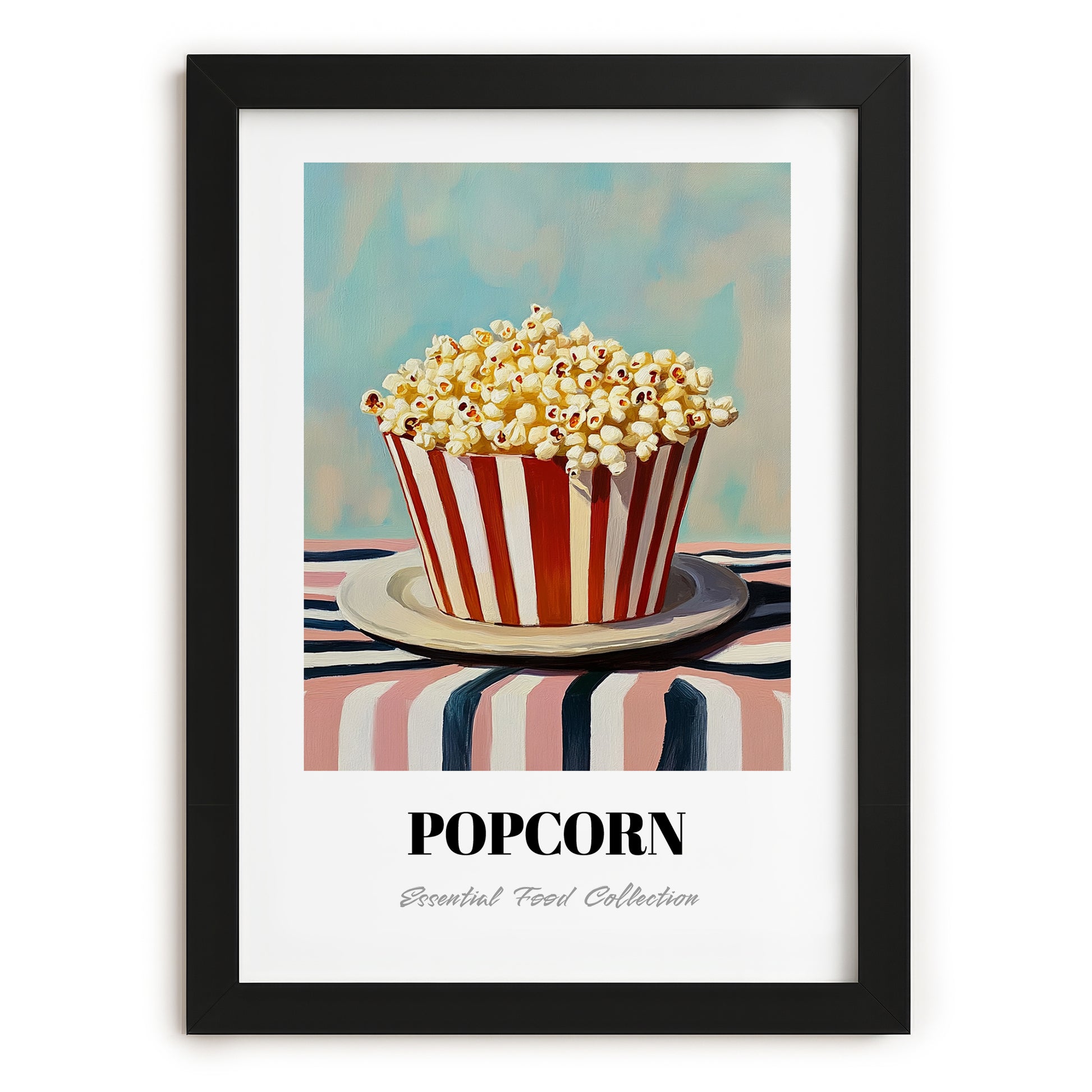 Popcorn – on Striped Tablecloth, American Food Painting, in sleek black frame