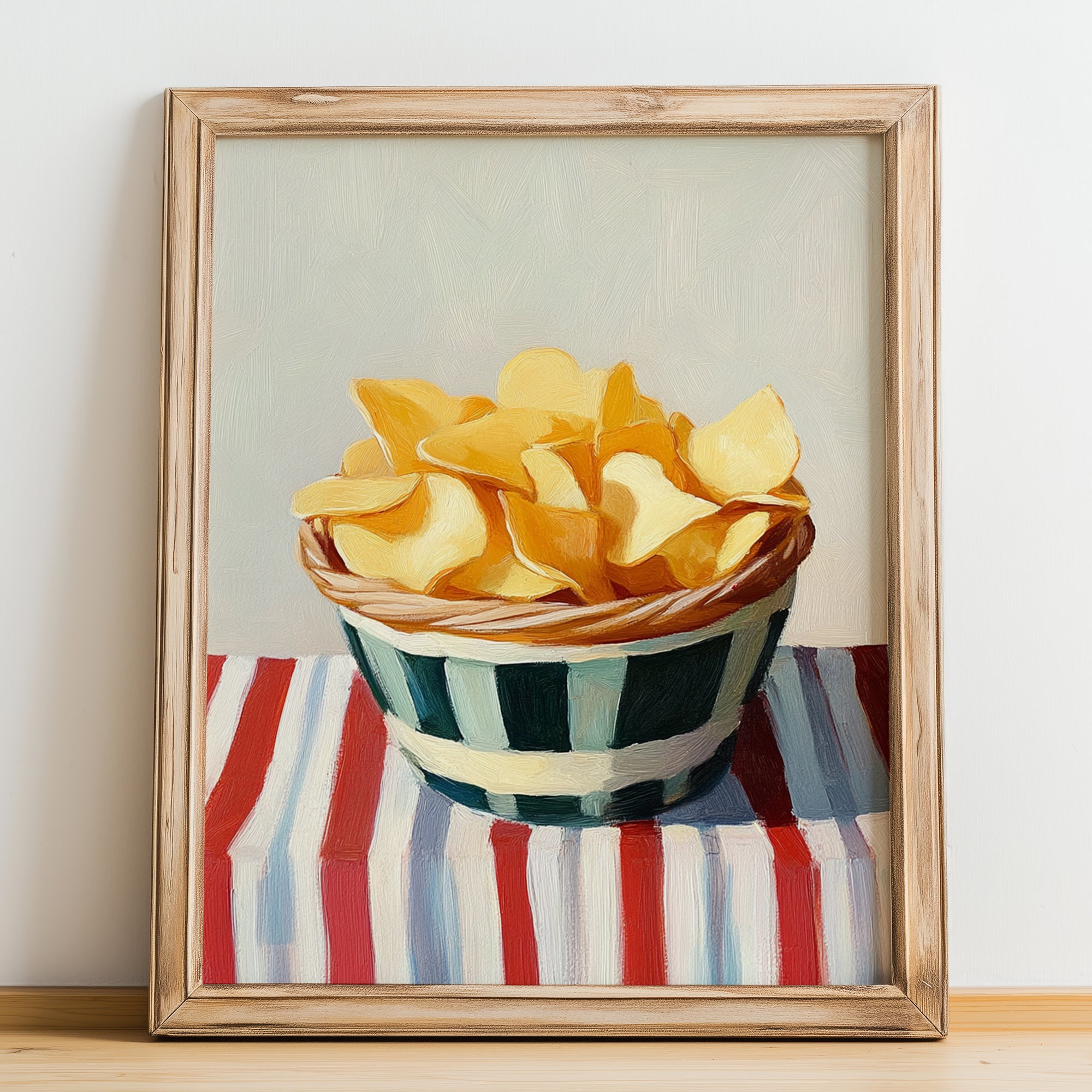 Chips – on Striped Tablecloth, American Food Print, no-text version framed in wood