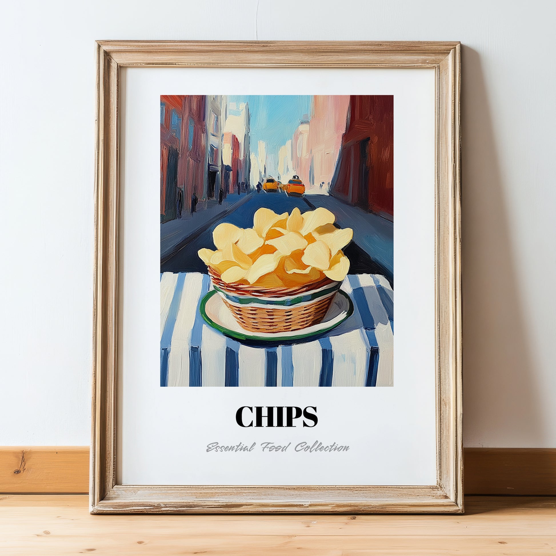 Chips – New York Urban Café Scene, American Food Still Life, in wooden frame leaning on the floor