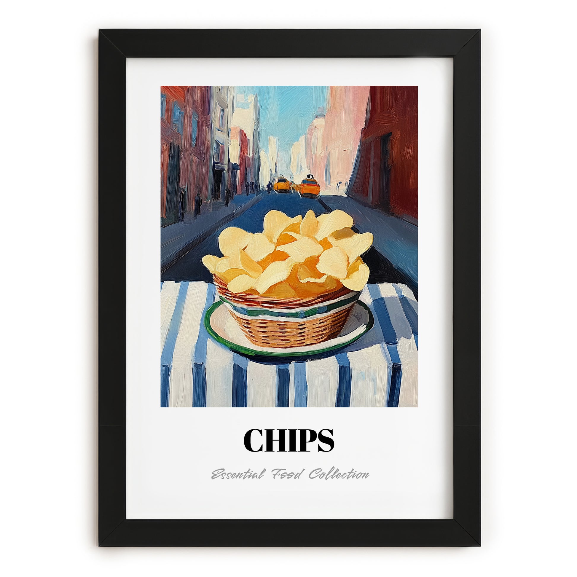 Chips – New York Urban Café Scene, American Food Still Life, in sleek black frame