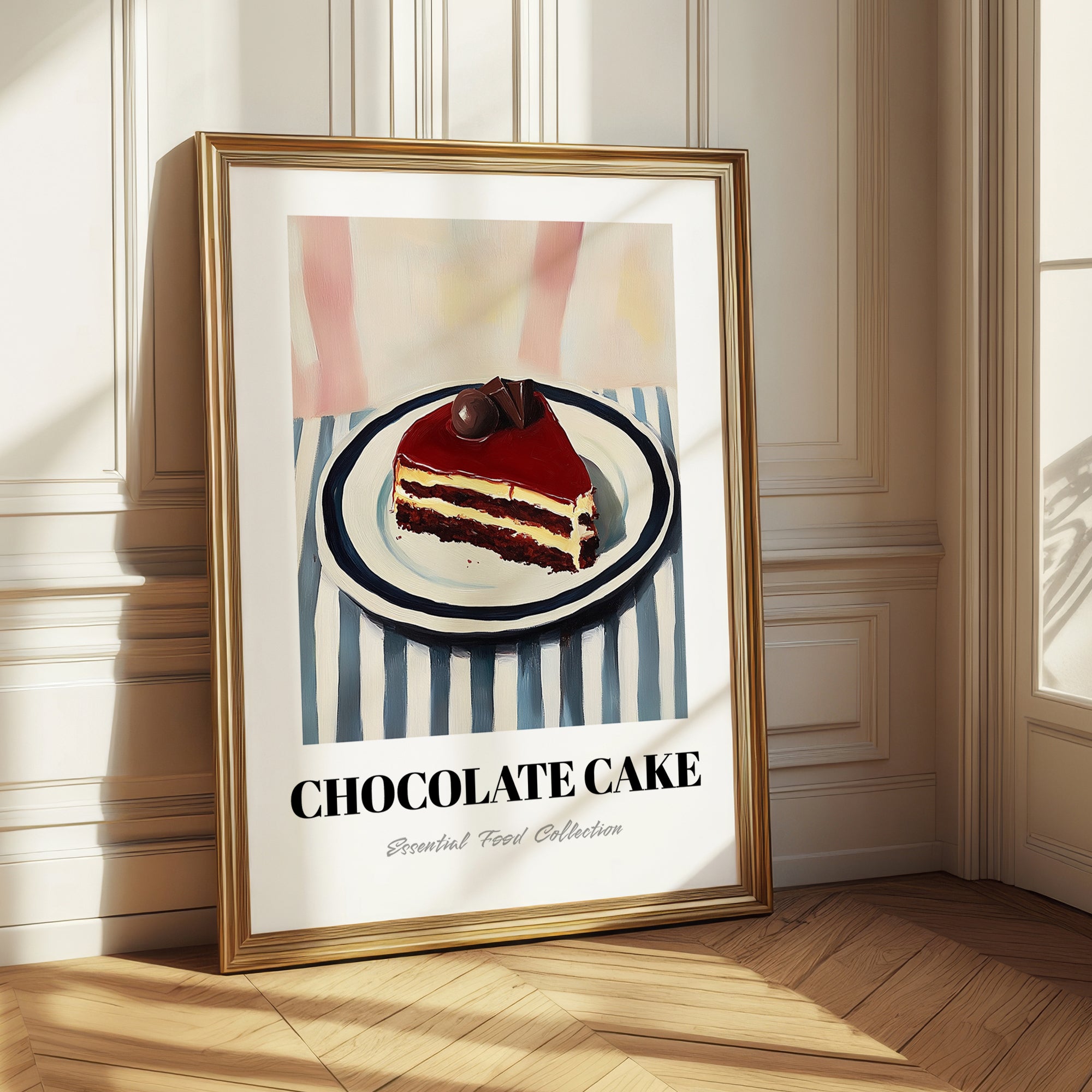 Chocolate Cake – on Striped Tablecloth, American Dessert Wall Illustration 
