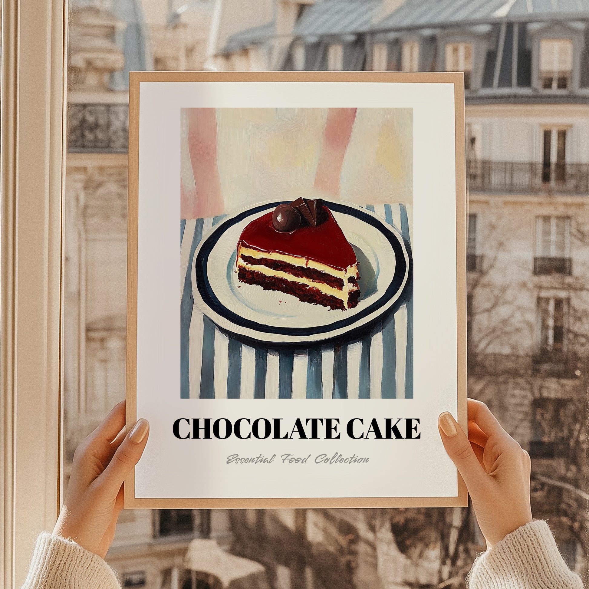 Chocolate Cake – on Striped Tablecloth, American Dessert Wall Illustration, styled in a charming Paris street view