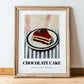 Chocolate Cake – on Striped Tablecloth, American Dessert Wall Illustration, in wooden frame leaning on the floor