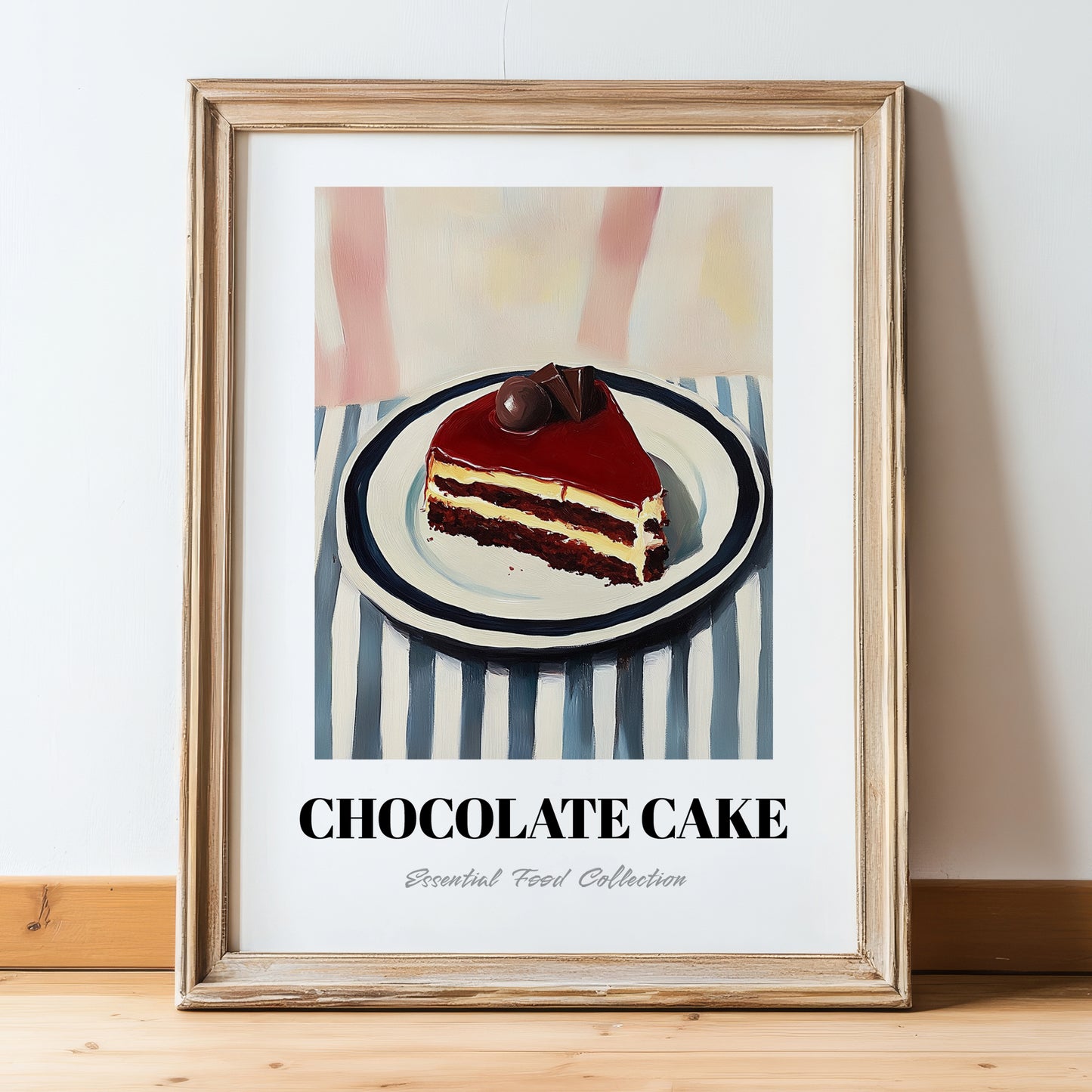 Chocolate Cake – on Striped Tablecloth, American Dessert Wall Illustration, in wooden frame leaning on the floor
