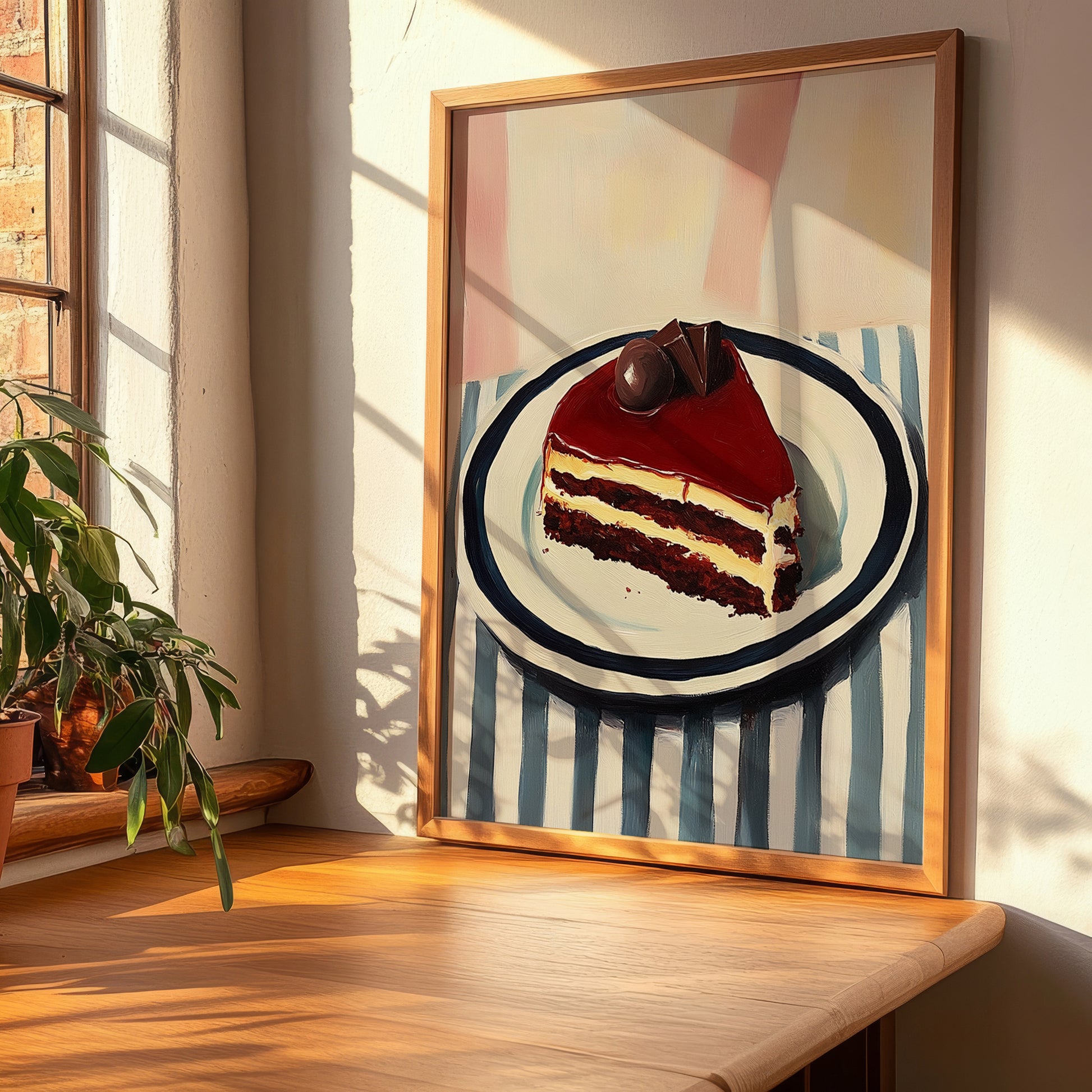 Chocolate Cake – on Striped Tablecloth, American Dessert Wall Illustration, clean layout with no caption