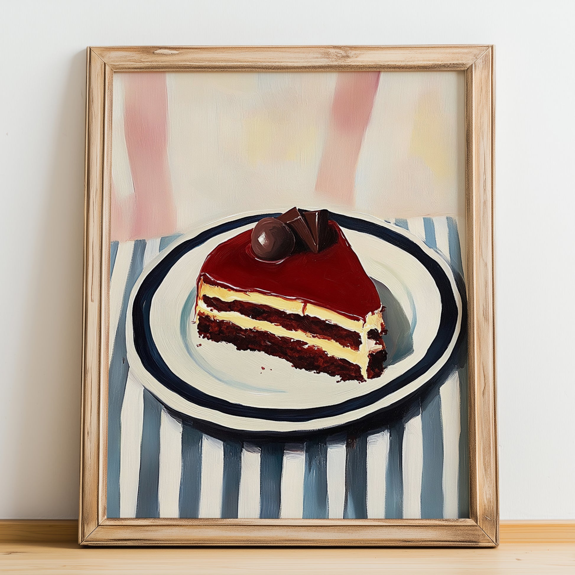 Chocolate Cake – on Striped Tablecloth, American Dessert Wall Illustration, no-text version framed in wood