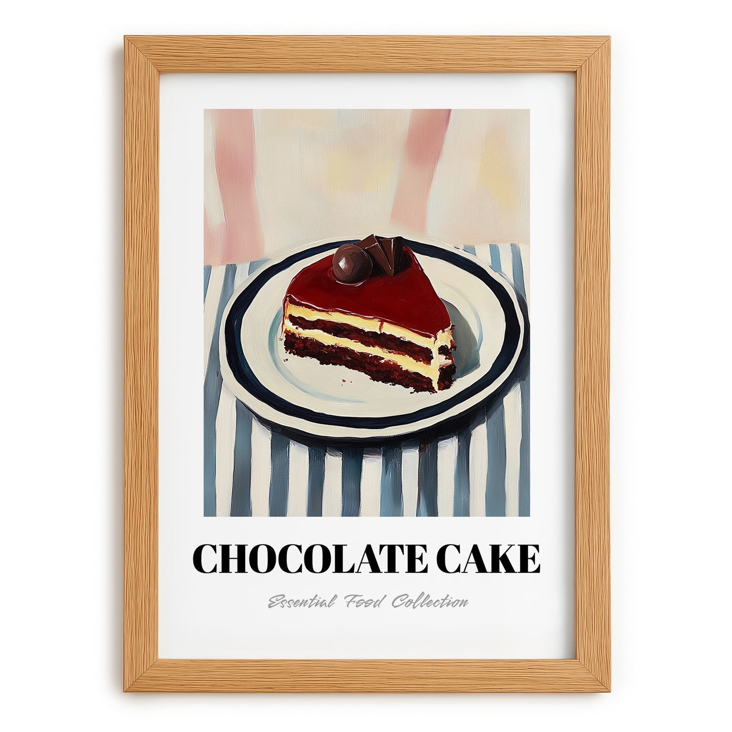 Chocolate Cake – on Striped Tablecloth, American Dessert Wall Illustration, set in oak frame