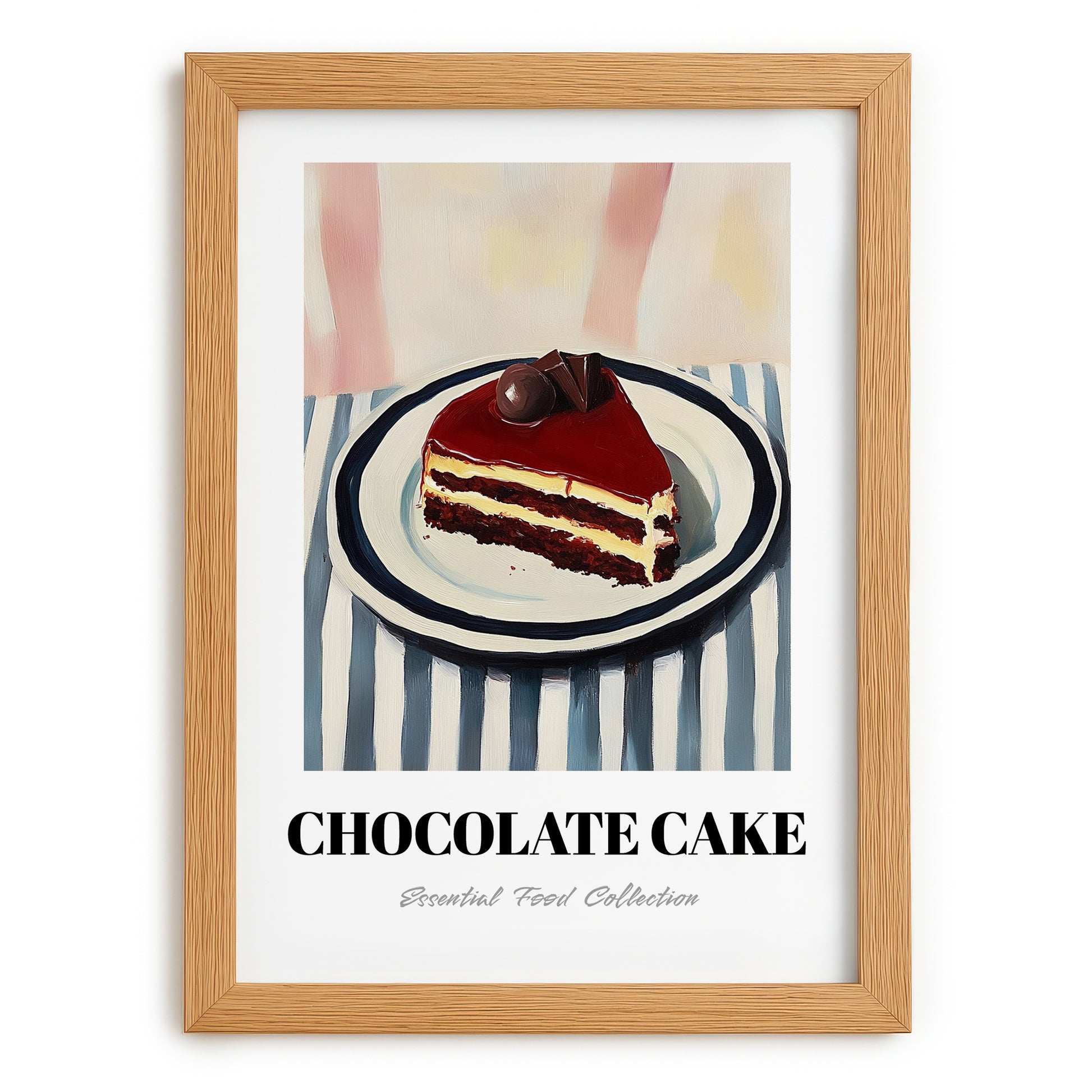 Chocolate Cake – on Striped Tablecloth, American Dessert Wall Illustration, set in oak frame